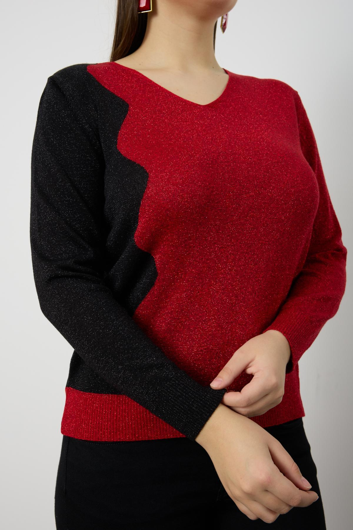 Wholesale Women Red Two Tone Glittery V-Neck Knit Blouse 724834