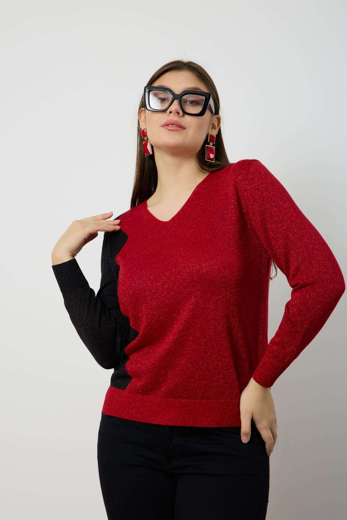 Wholesale Women Red Two Tone Glittery V-Neck Knit Blouse 724834
