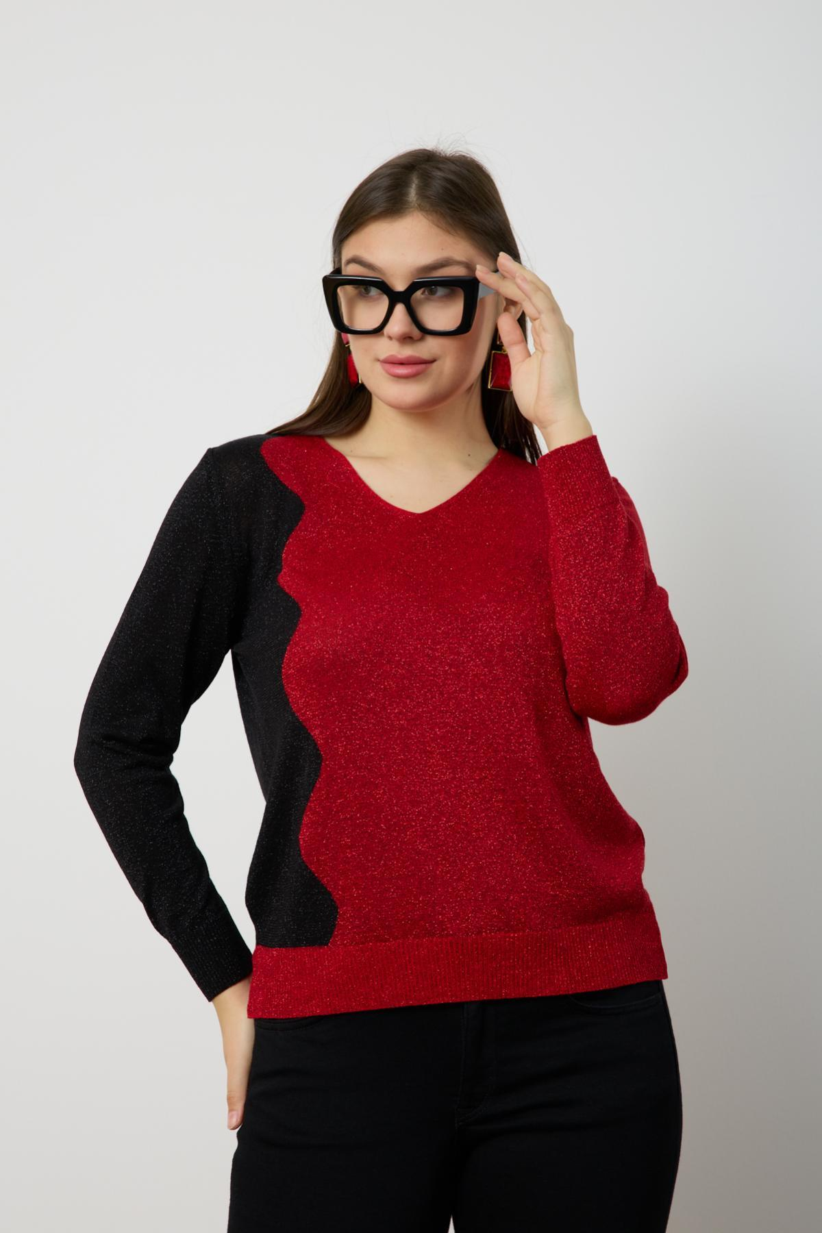 Wholesale Women Red Two Tone Glittery V-Neck Knit Blouse 724834