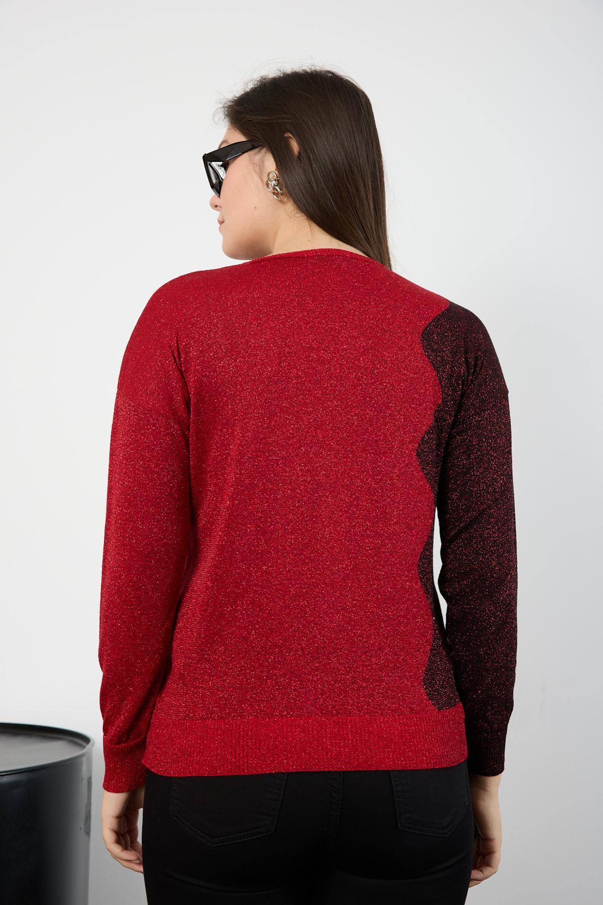 Wholesale Women Red Two Tone Glittery V-Neck Knit Blouse 725240