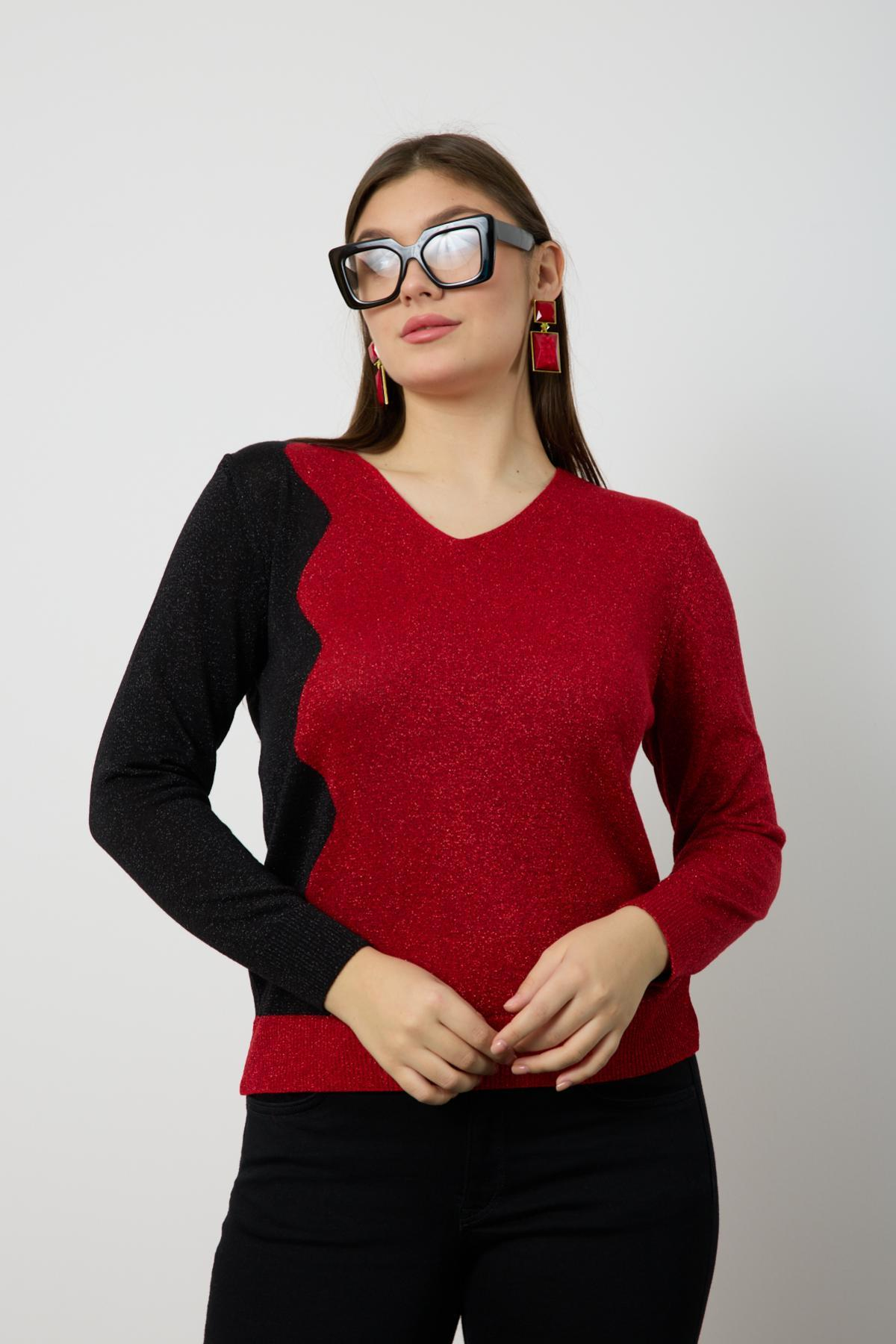 Wholesale Women Red Two Tone Glittery V-Neck Knit Blouse 724834