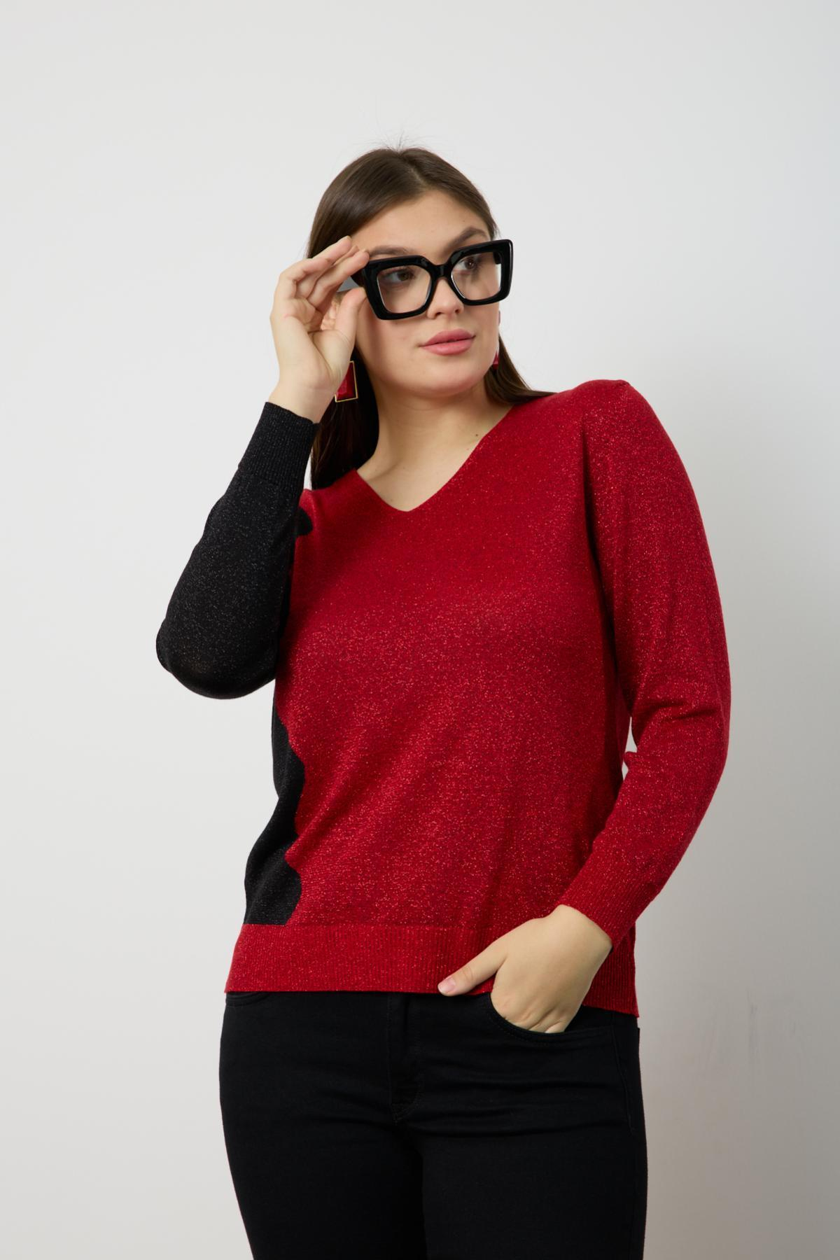 Wholesale Women Red Two Tone Glittery V-Neck Knit Blouse 724834