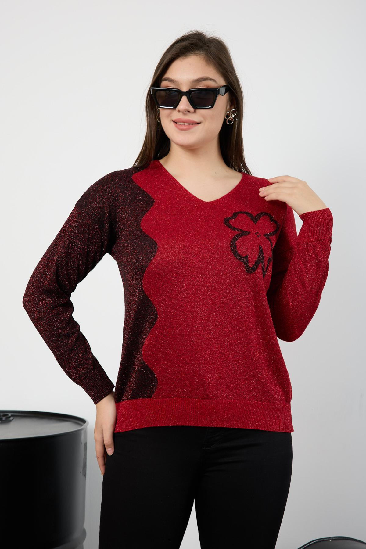 Wholesale Women Red Two Tone Glittery V-Neck Knit Blouse 725240
