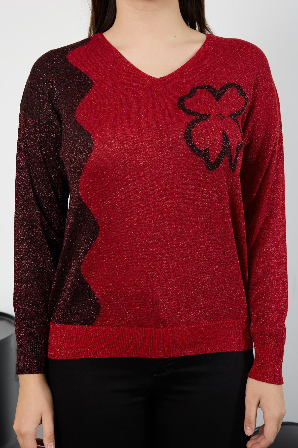 Wholesale Women Red Two Tone Glittery V-Neck Knit Blouse 725240