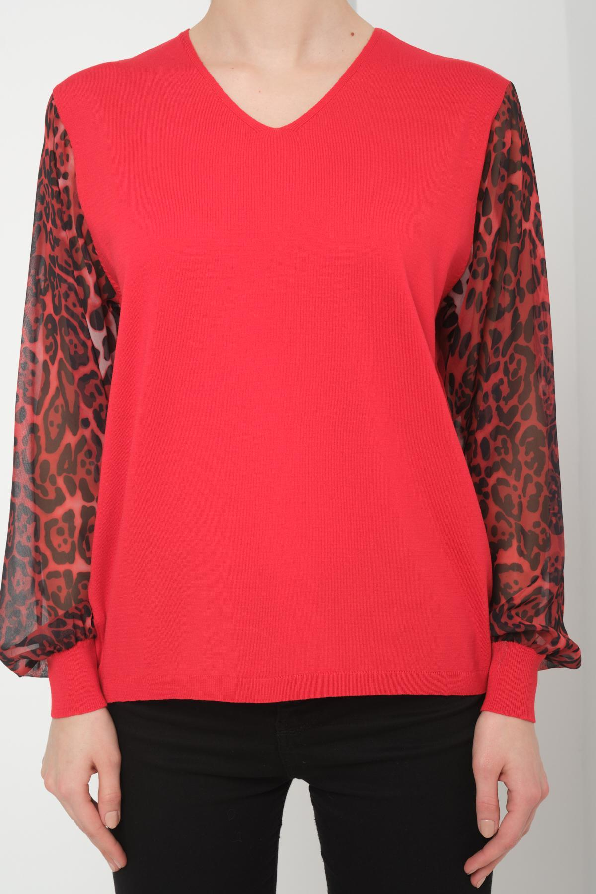 Wholesale Women Red V Neck Knit Blouse with Chiffon Sleeves 724782