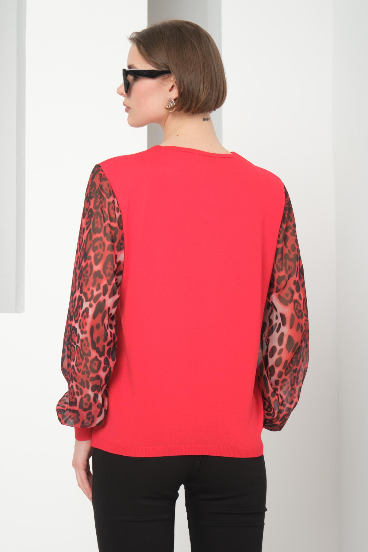 Wholesale Women Red V Neck Knit Blouse with Chiffon Sleeves 724782