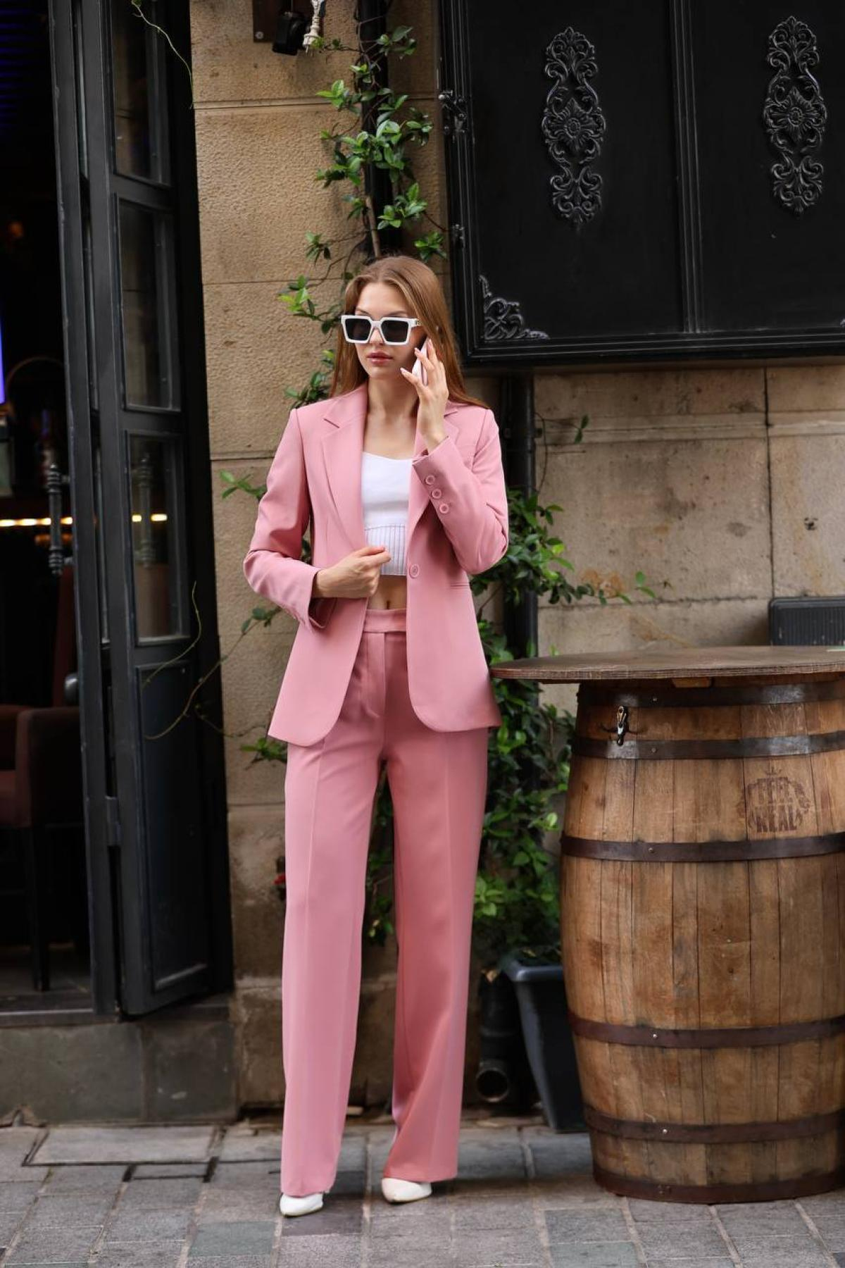 Wholesale Women Rose Pink Two Piece Suit Blazer and Pants Set 718298