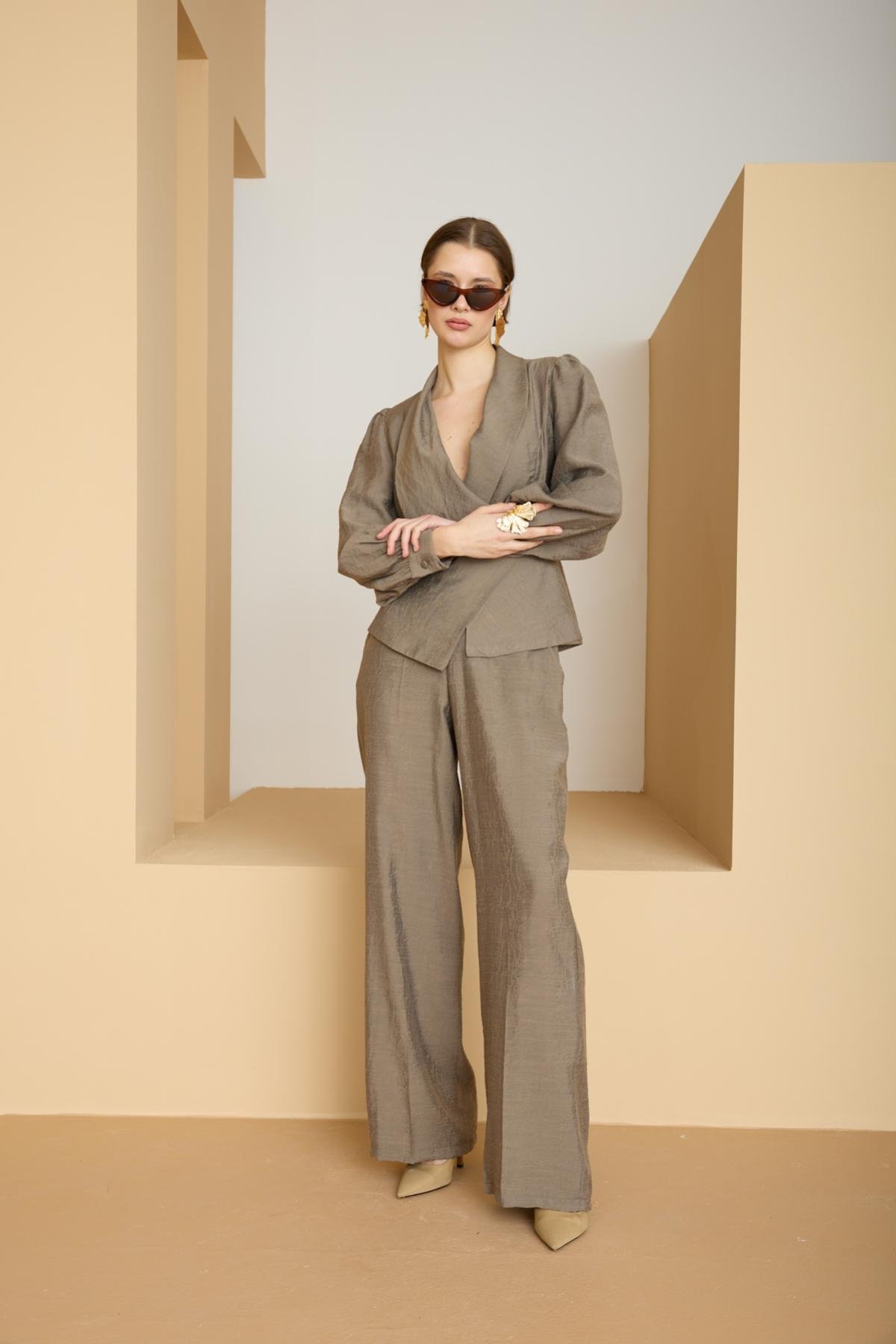 Wholesale Women Sage Two Piece Suit - Wrap Blazer with Bishop Sleeves and Wide-Leg Pants Set 729226