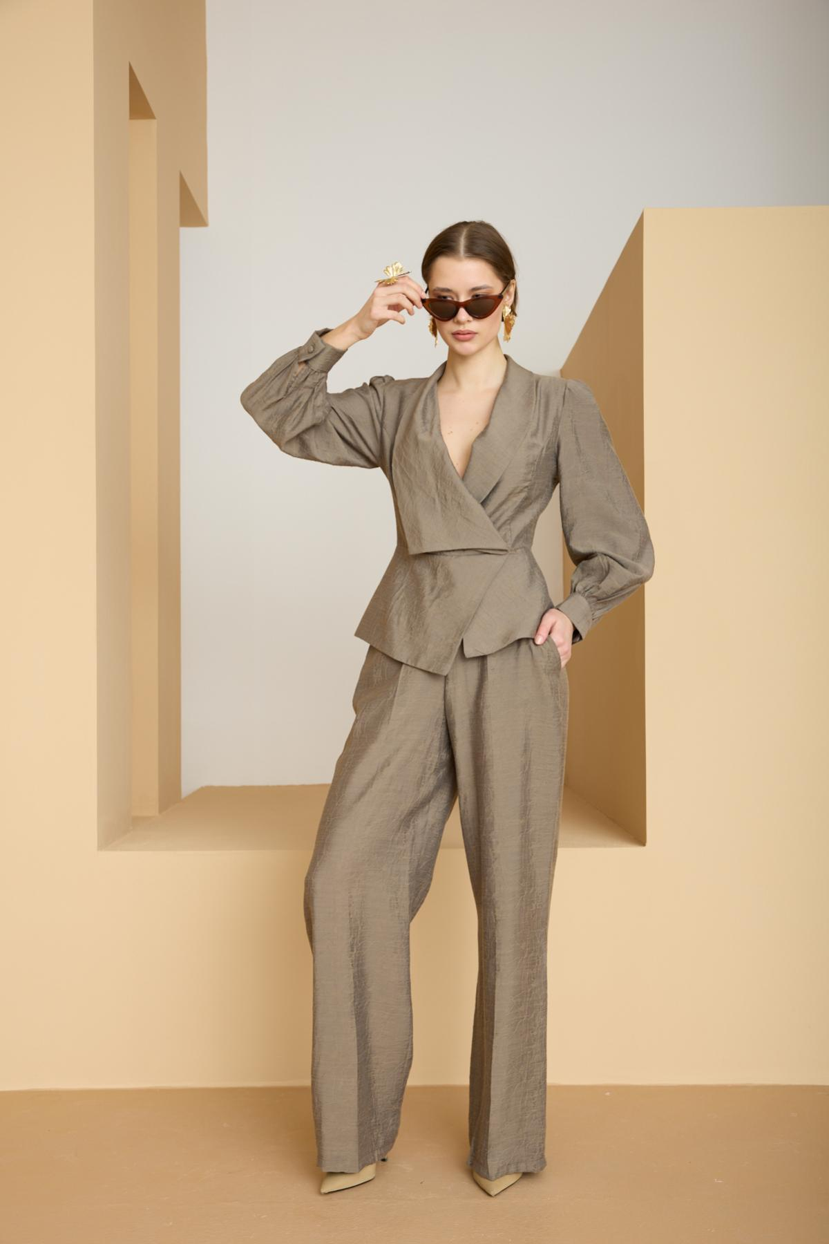 Wholesale Women Sage Two Piece Suit - Wrap Blazer with Bishop Sleeves and Wide-Leg Pants Set 729226