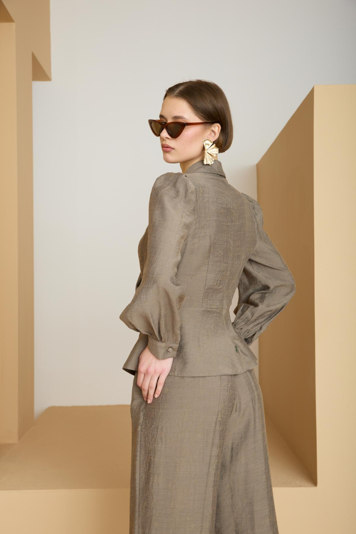 Wholesale Women Sage Two Piece Suit - Wrap Blazer with Bishop Sleeves and Wide-Leg Pants Set 729226