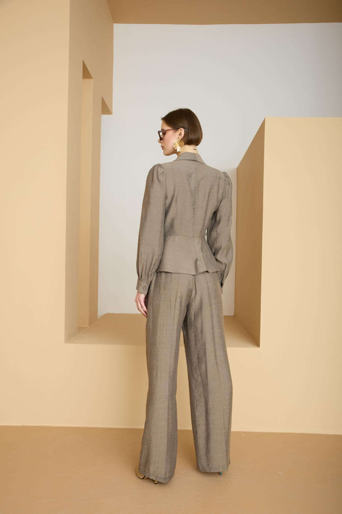Wholesale Women Sage Two Piece Suit - Wrap Blazer with Bishop Sleeves and Wide-Leg Pants Set 729226