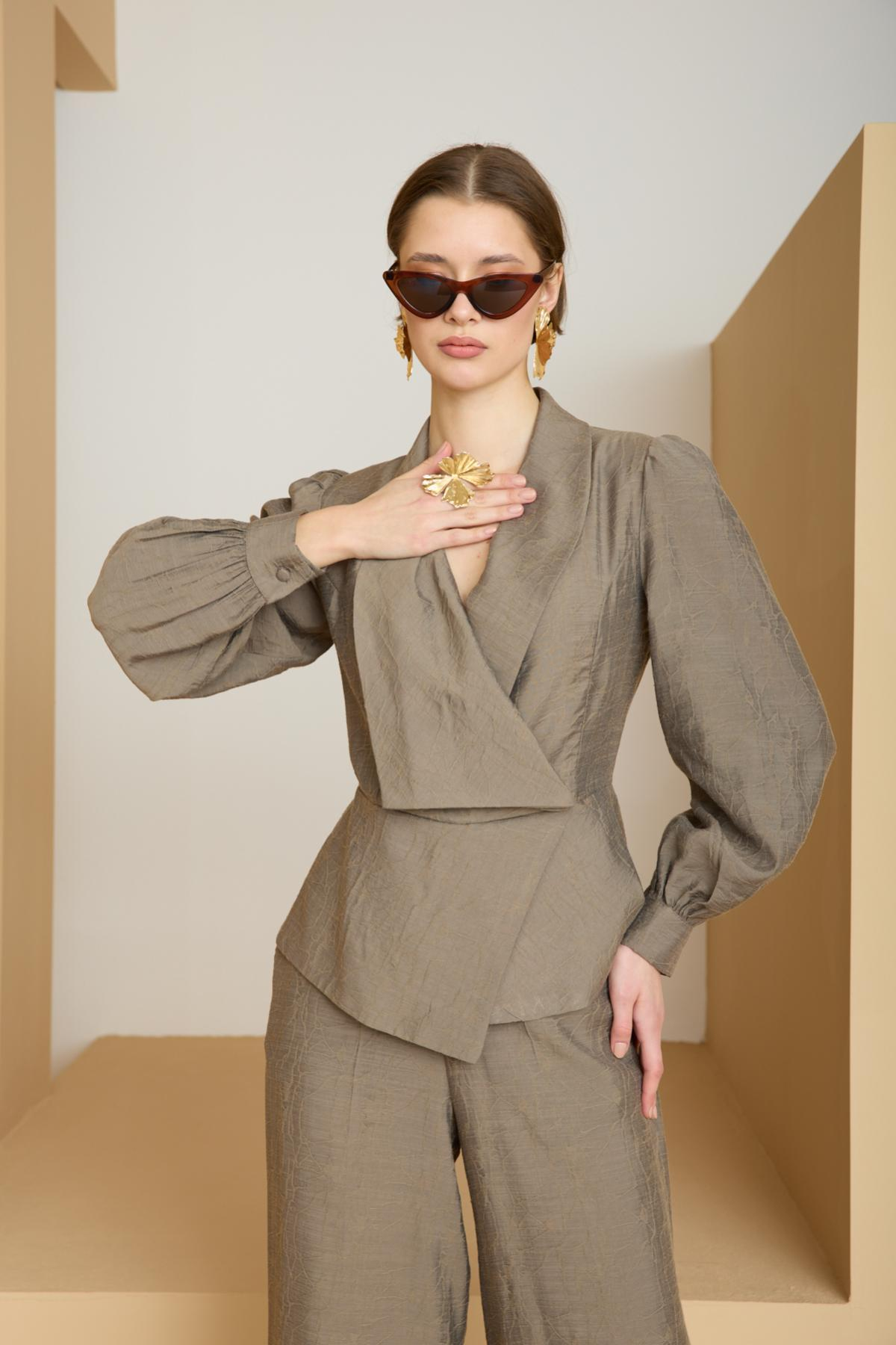 Wholesale Women Sage Two Piece Suit - Wrap Blazer with Bishop Sleeves and Wide-Leg Pants Set 729226