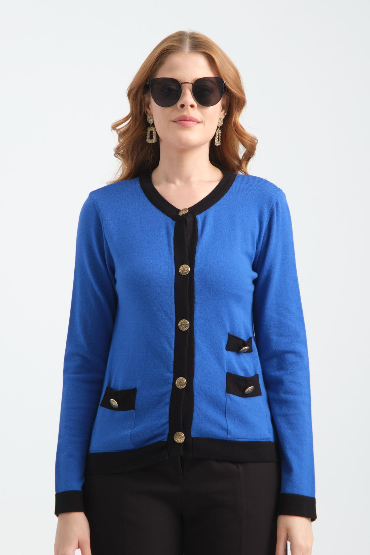 Wholesale Women Sax Blue Collarless Cardigans 706719