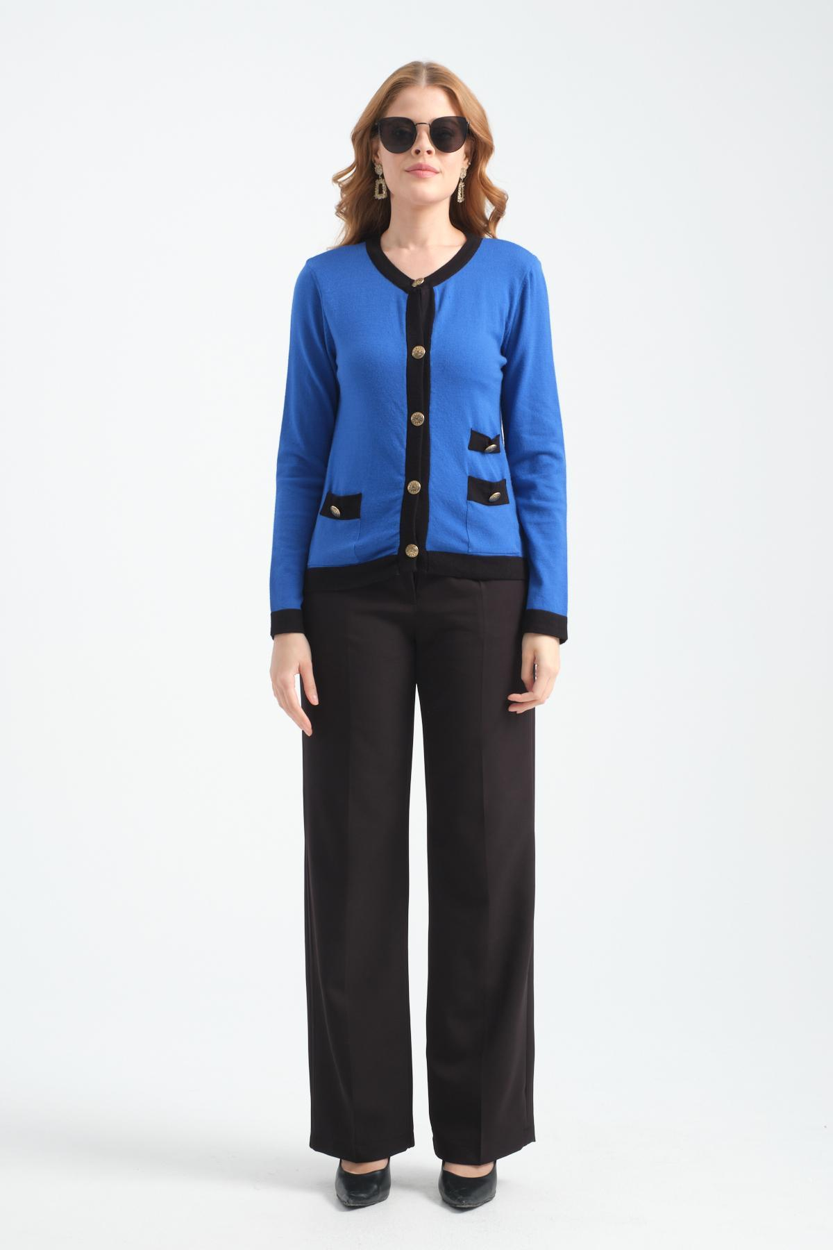 Wholesale Women Sax Blue Collarless Cardigans 706719