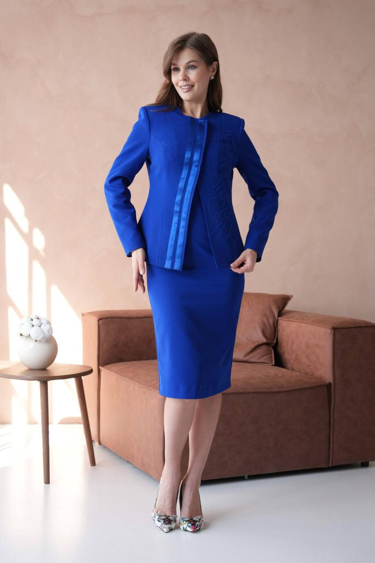 Wholesale Women Sax Blue Dress and Jacket Set Plus Size 721240