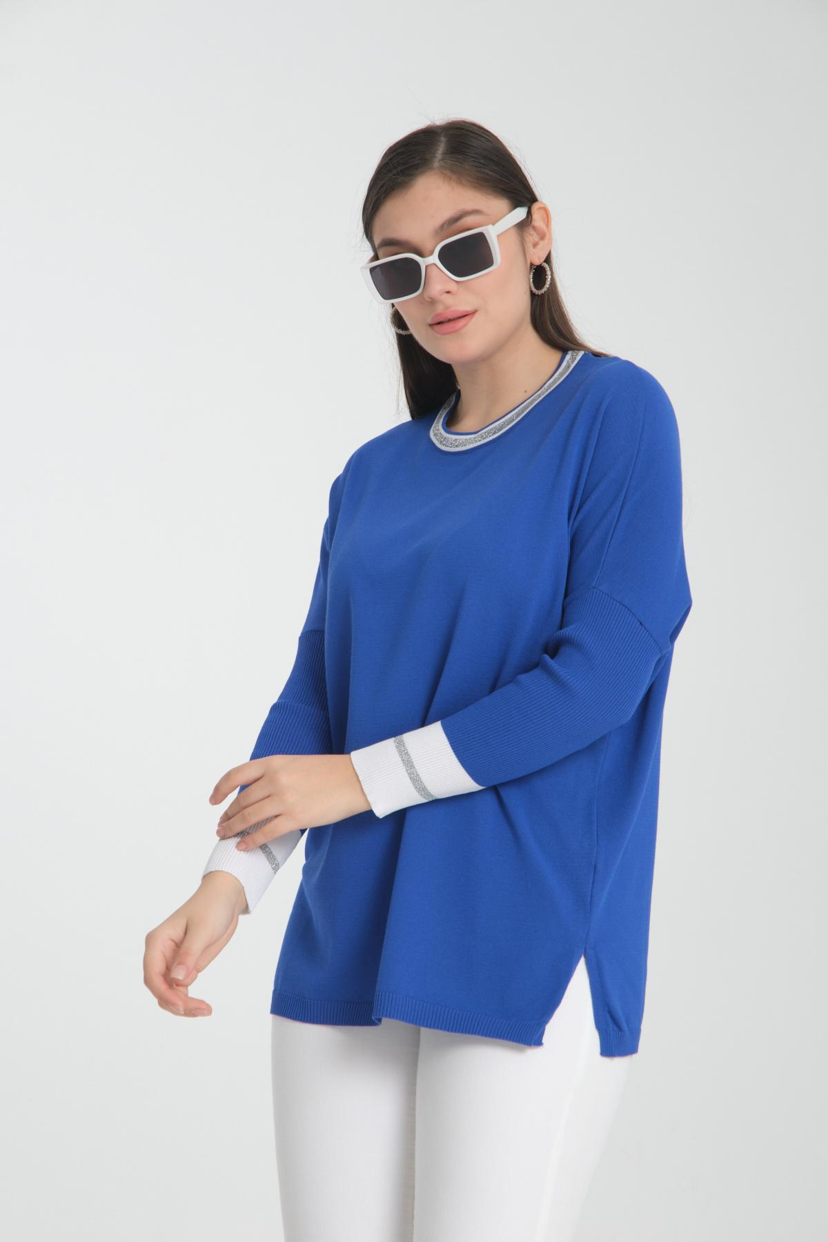 Wholesale Women Sax Blue Glitter Garnished Crew Neck Knit Blouse with Side Slits 722650