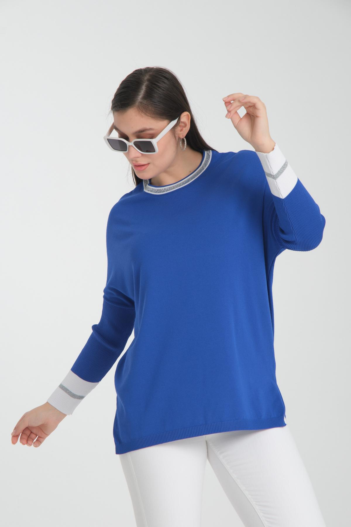 Wholesale Women Sax Blue Glitter Garnished Crew Neck Knit Blouse with Side Slits 722650