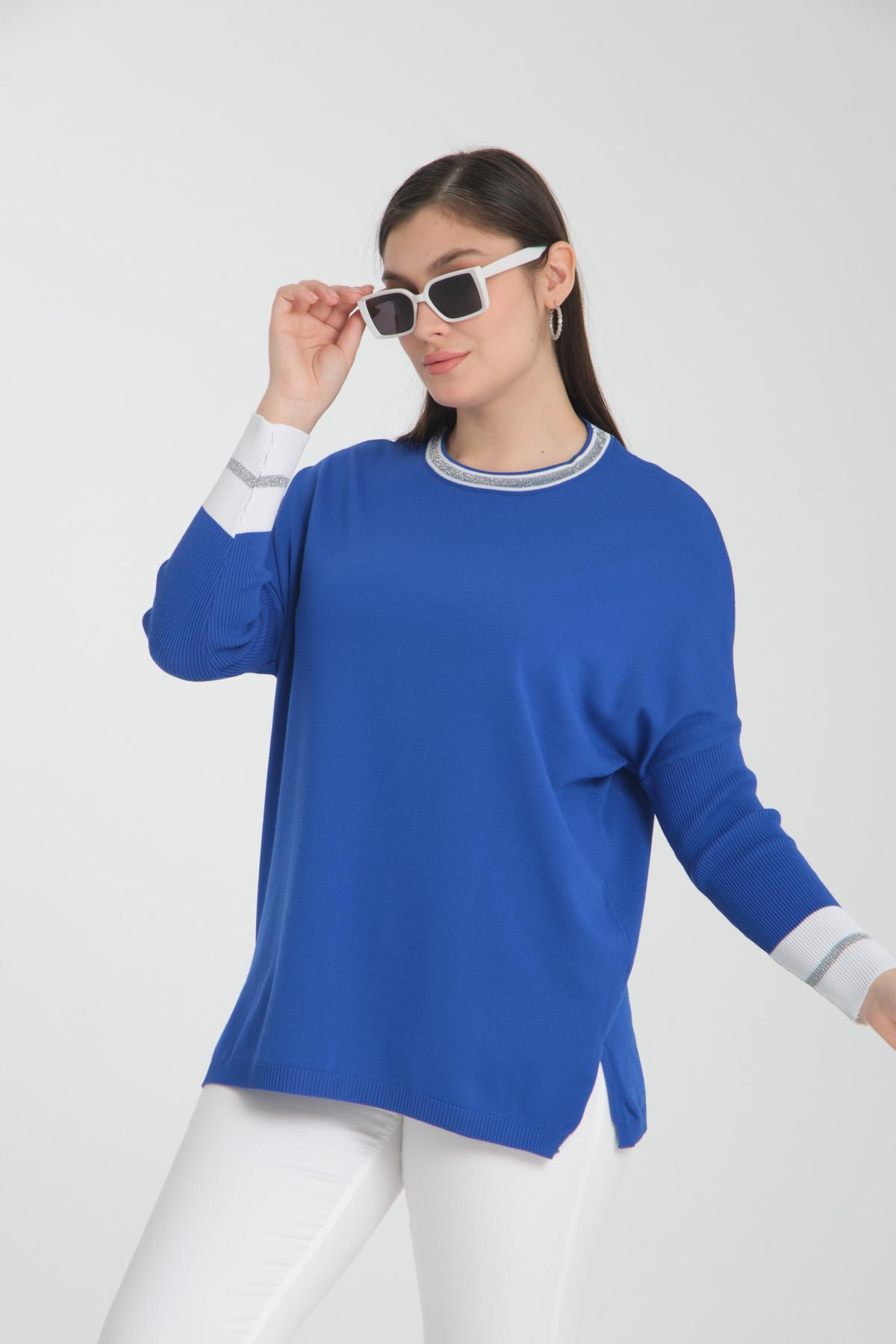 Wholesale Women Sax Blue Glitter Garnished Crew Neck Knit Blouse with Side Slits 722650