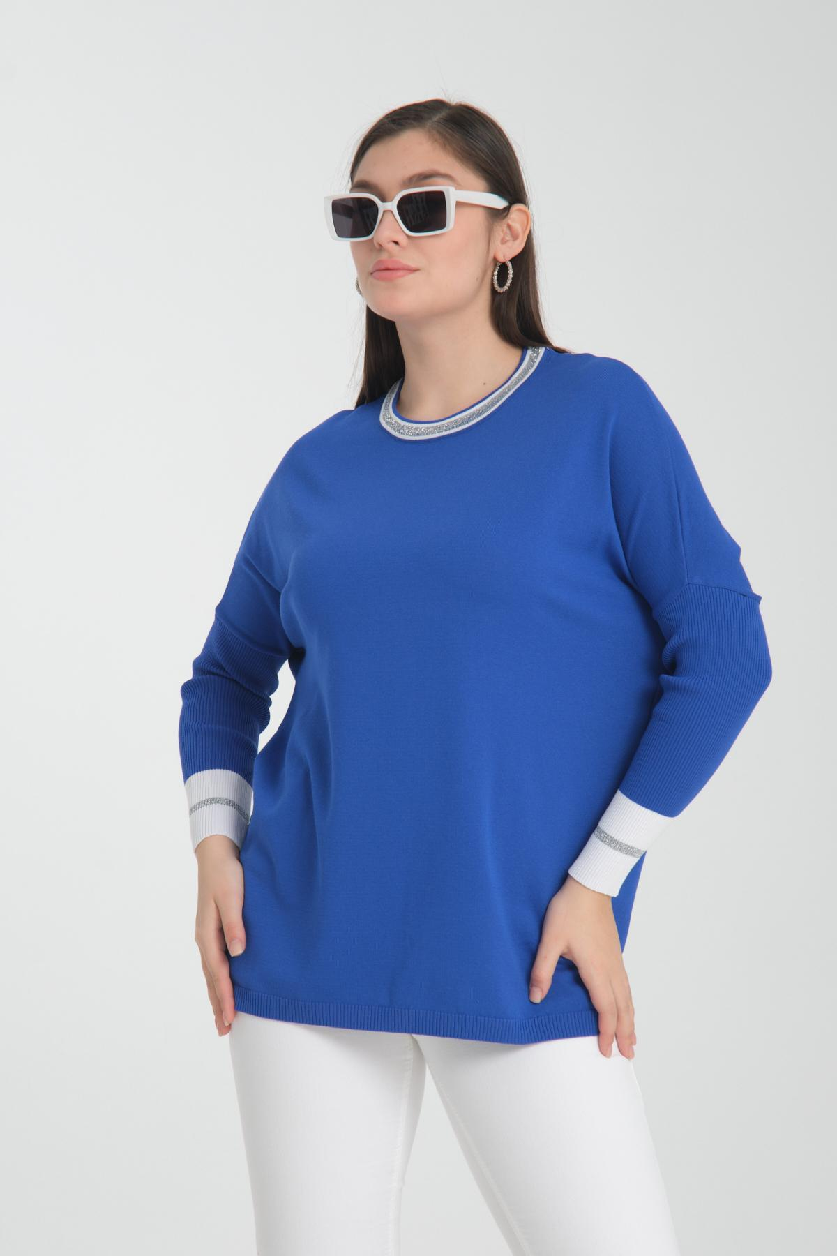 Wholesale Women Sax Blue Glitter Garnished Crew Neck Knit Blouse with Side Slits 722650