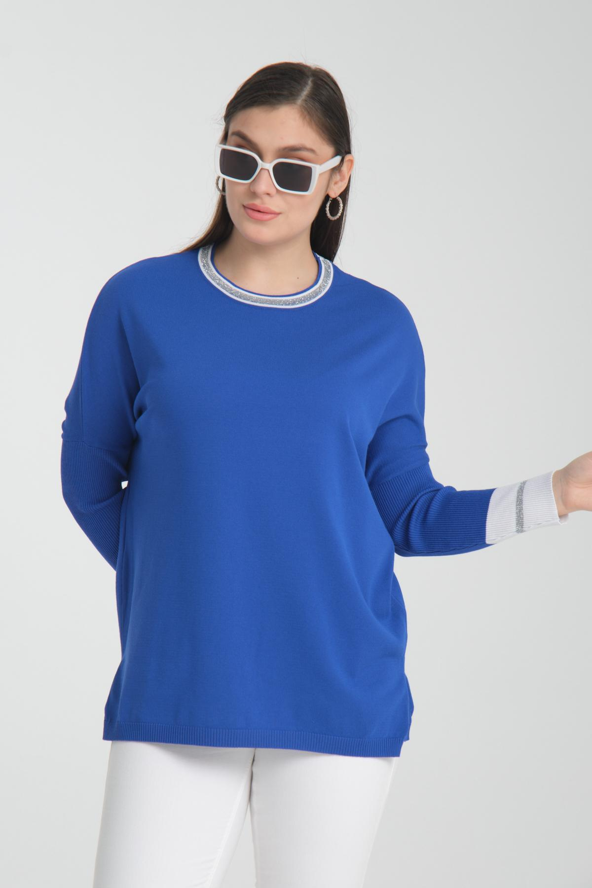 Wholesale Women Sax Blue Glitter Garnished Crew Neck Knit Blouse with Side Slits 722650
