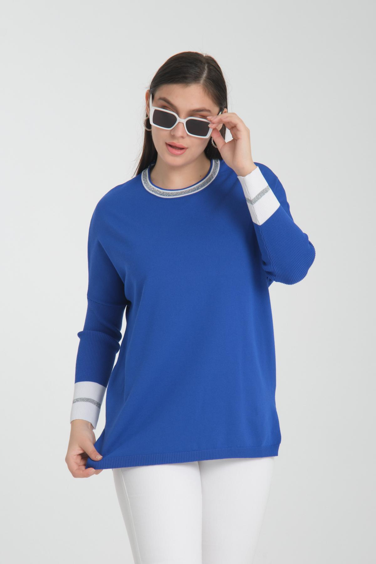 Wholesale Women Sax Blue Glitter Garnished Crew Neck Knit Blouse with Side Slits 722650