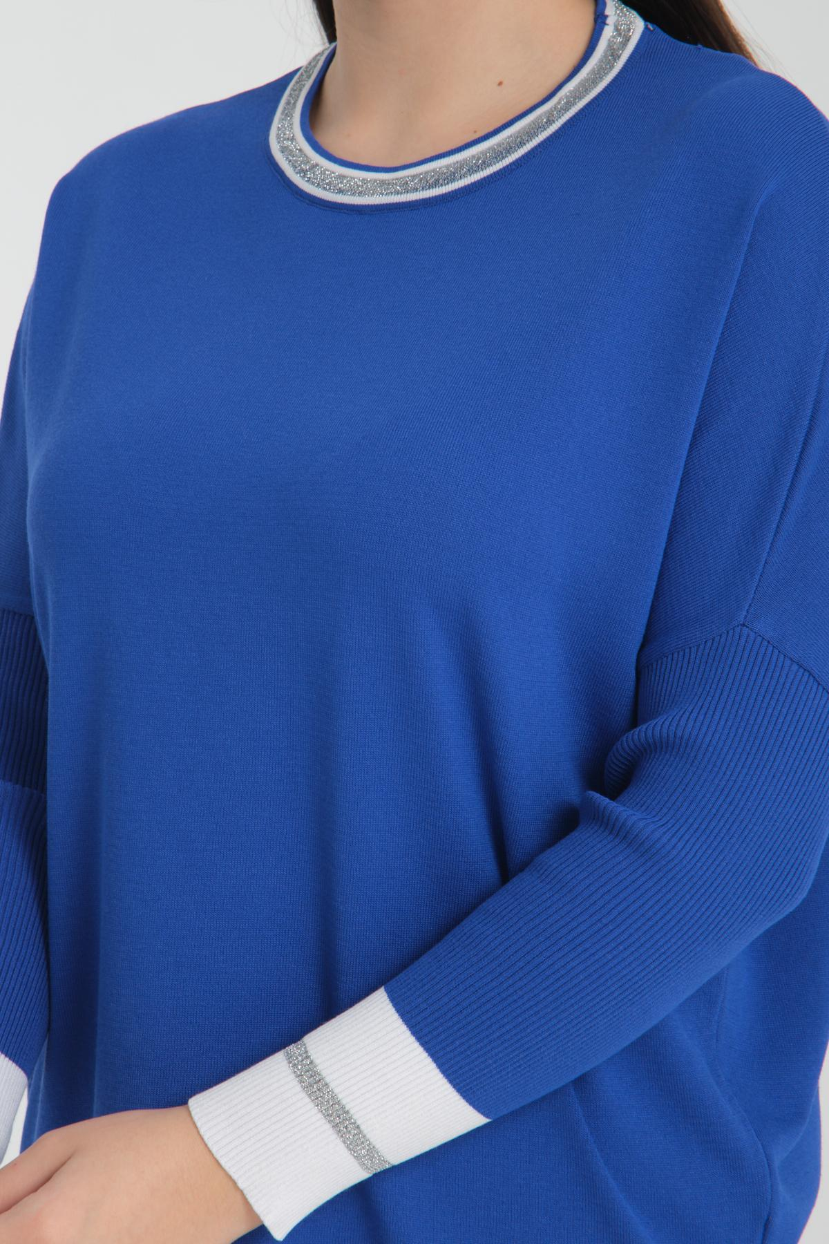 Wholesale Women Sax Blue Glitter Garnished Crew Neck Knit Blouse with Side Slits 722650