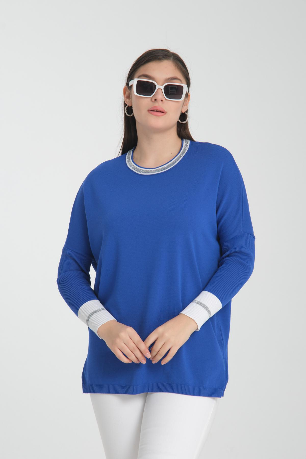 Wholesale Women Sax Blue Glitter Garnished Crew Neck Knit Blouse with Side Slits 722650