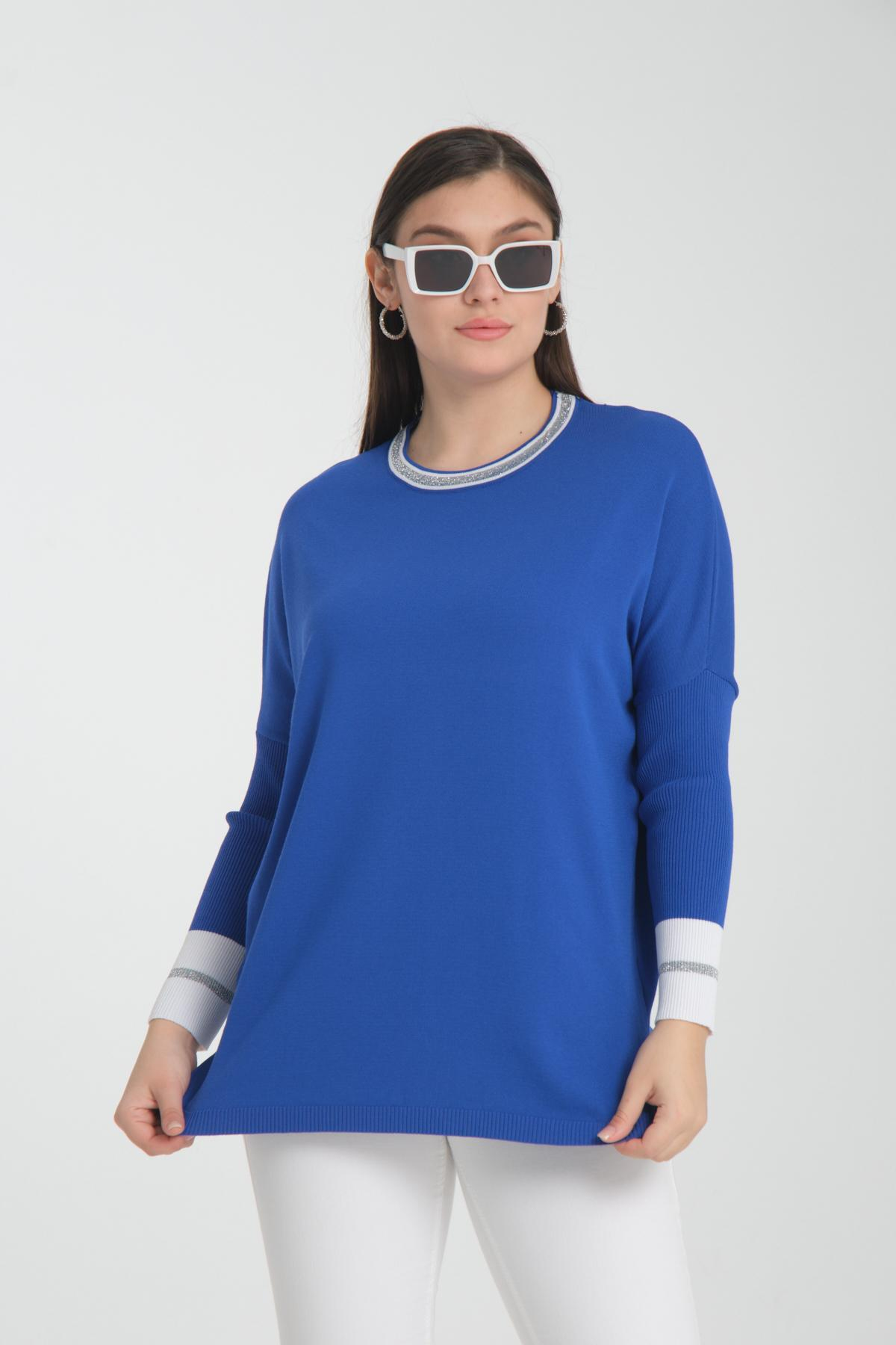 Wholesale Women Sax Blue Glitter Garnished Crew Neck Knit Blouse with Side Slits 722650