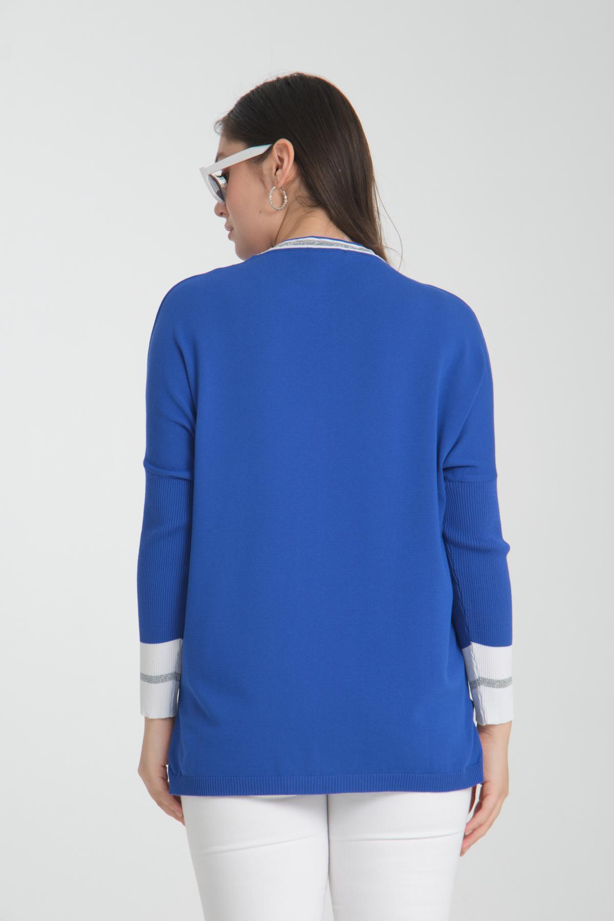 Wholesale Women Sax Blue Glitter Garnished Crew Neck Knit Blouse with Side Slits 722650