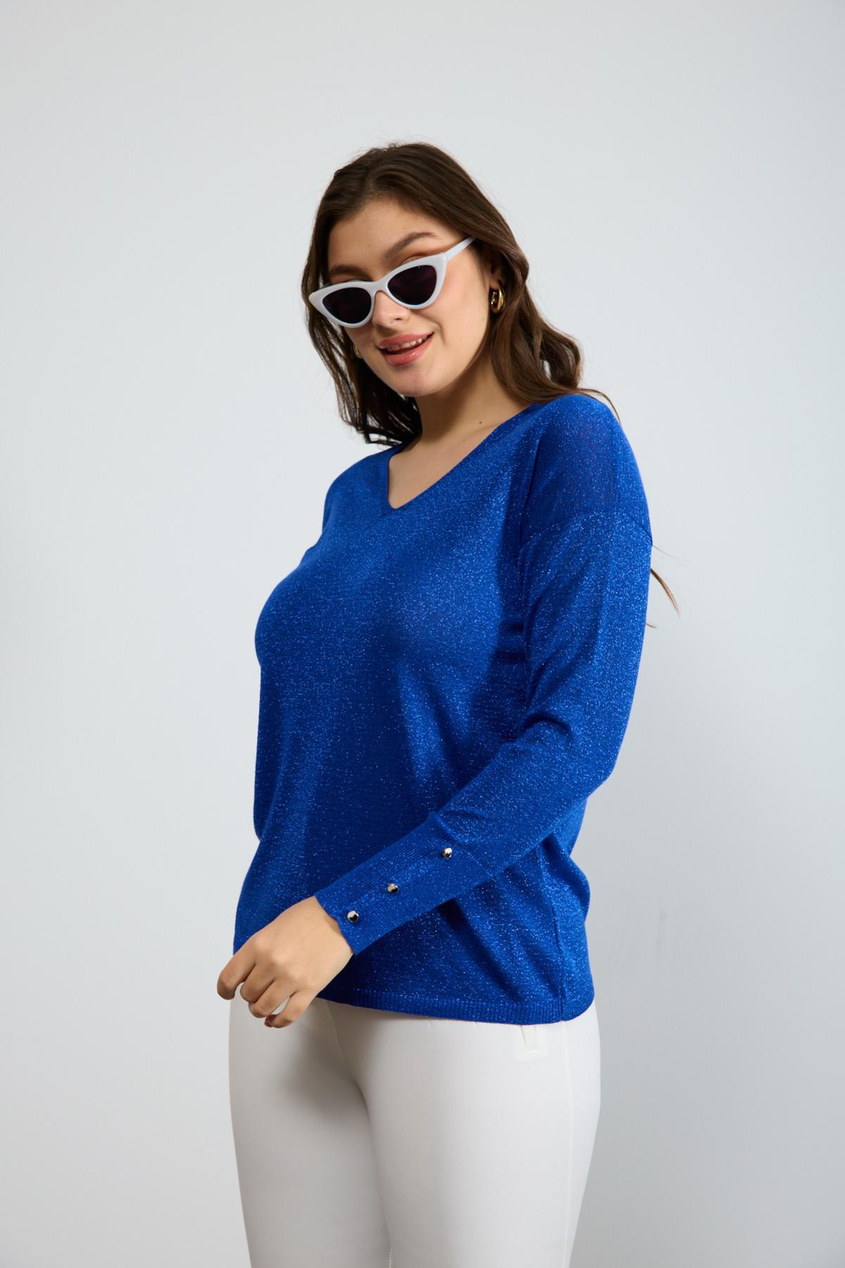 Wholesale Women Sax Blue Glittery V Neck Knit Blouse with Wide Cuffs 724844