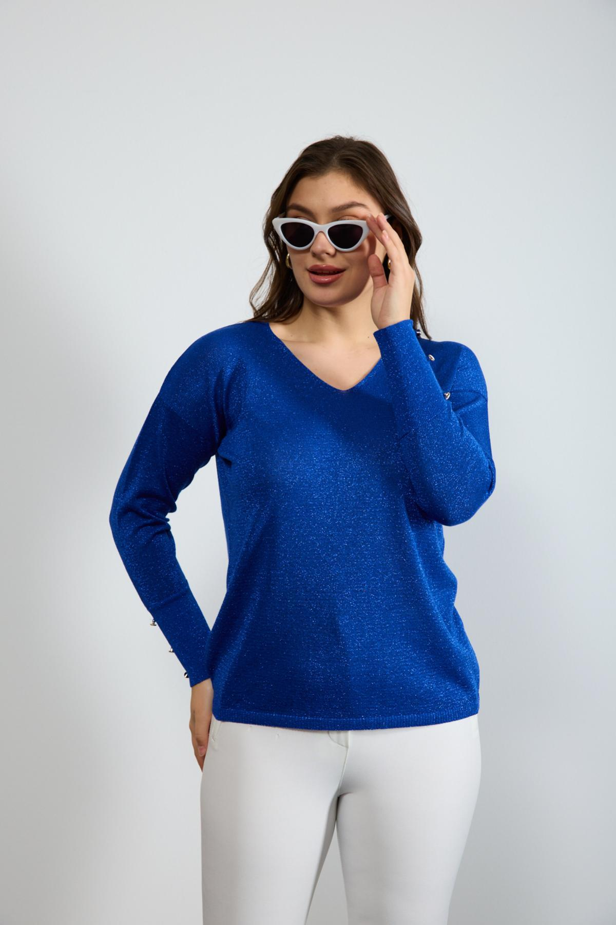 Wholesale Women Sax Blue Glittery V Neck Knit Blouse with Wide Cuffs 724844