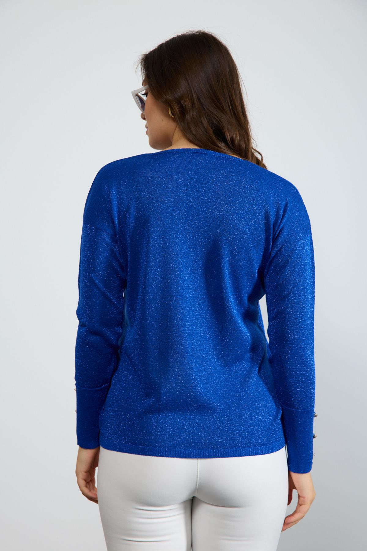 Wholesale Women Sax Blue Glittery V Neck Knit Blouse with Wide Cuffs 724844