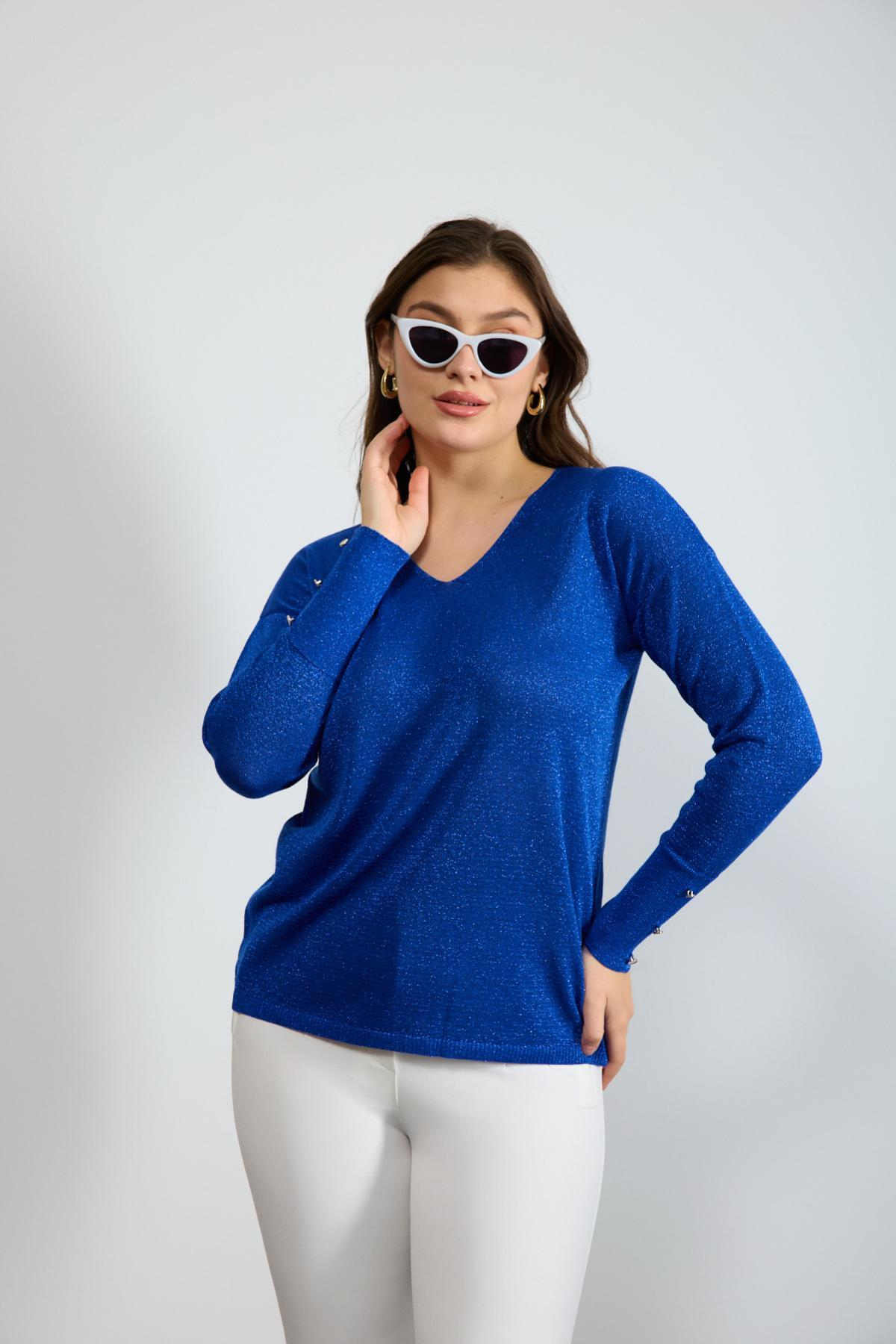 Wholesale Women Sax Blue Glittery V Neck Knit Blouse with Wide Cuffs 724844