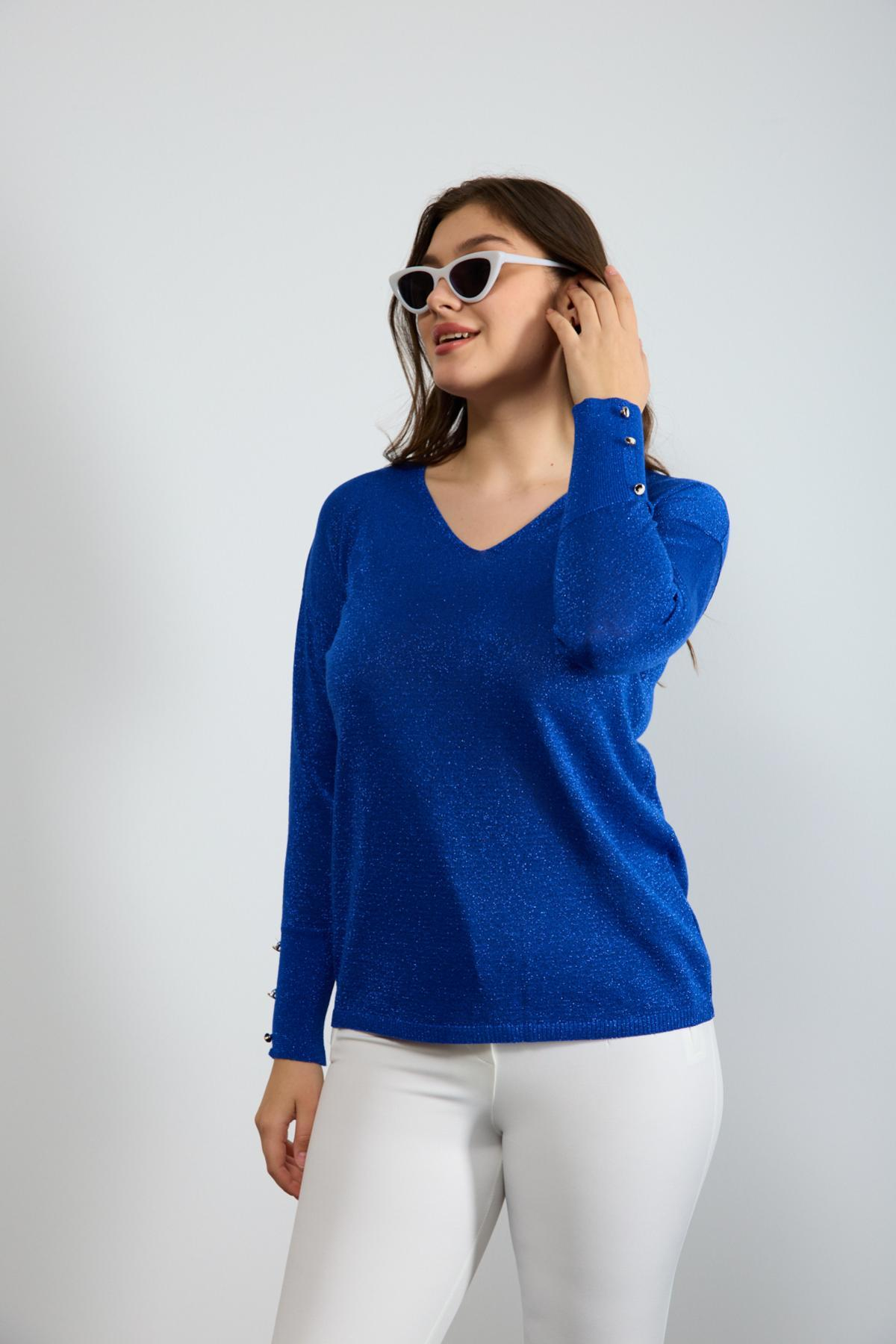 Wholesale Women Sax Blue Glittery V Neck Knit Blouse with Wide Cuffs 724844