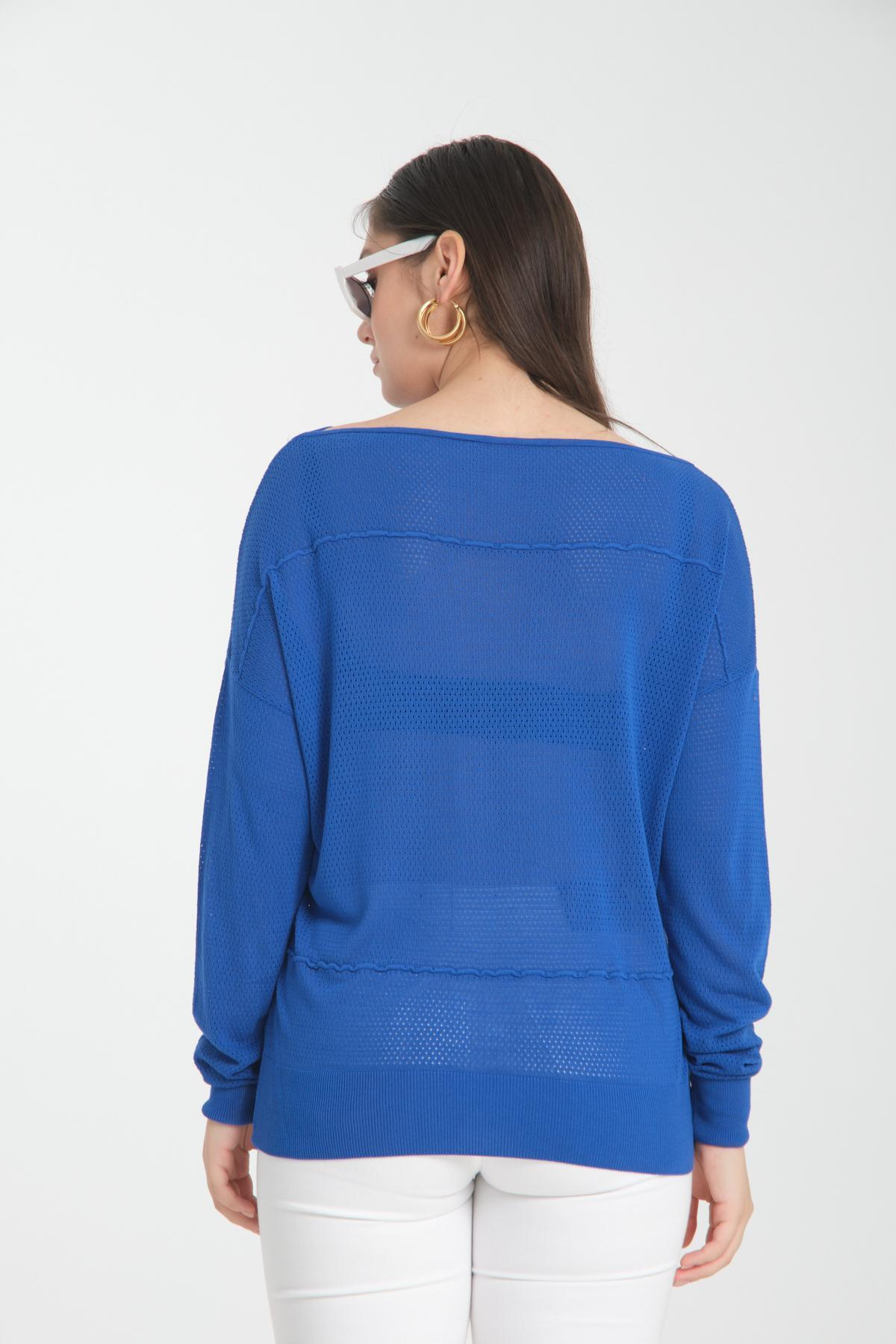 Wholesale Women Sax Blue Openwork Boat Neck Knit Blouse 722633