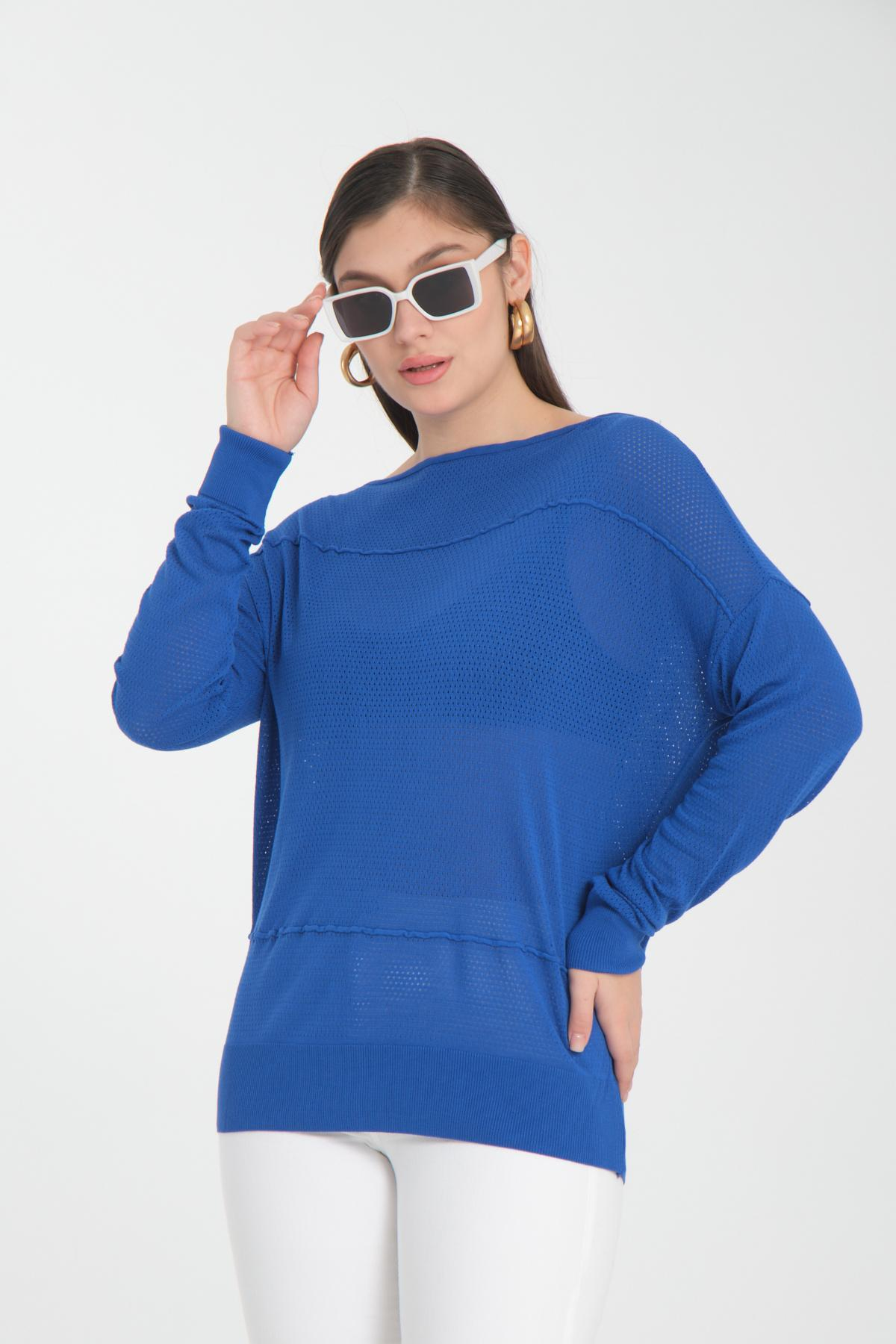 Wholesale Women Sax Blue Openwork Boat Neck Knit Blouse 722633