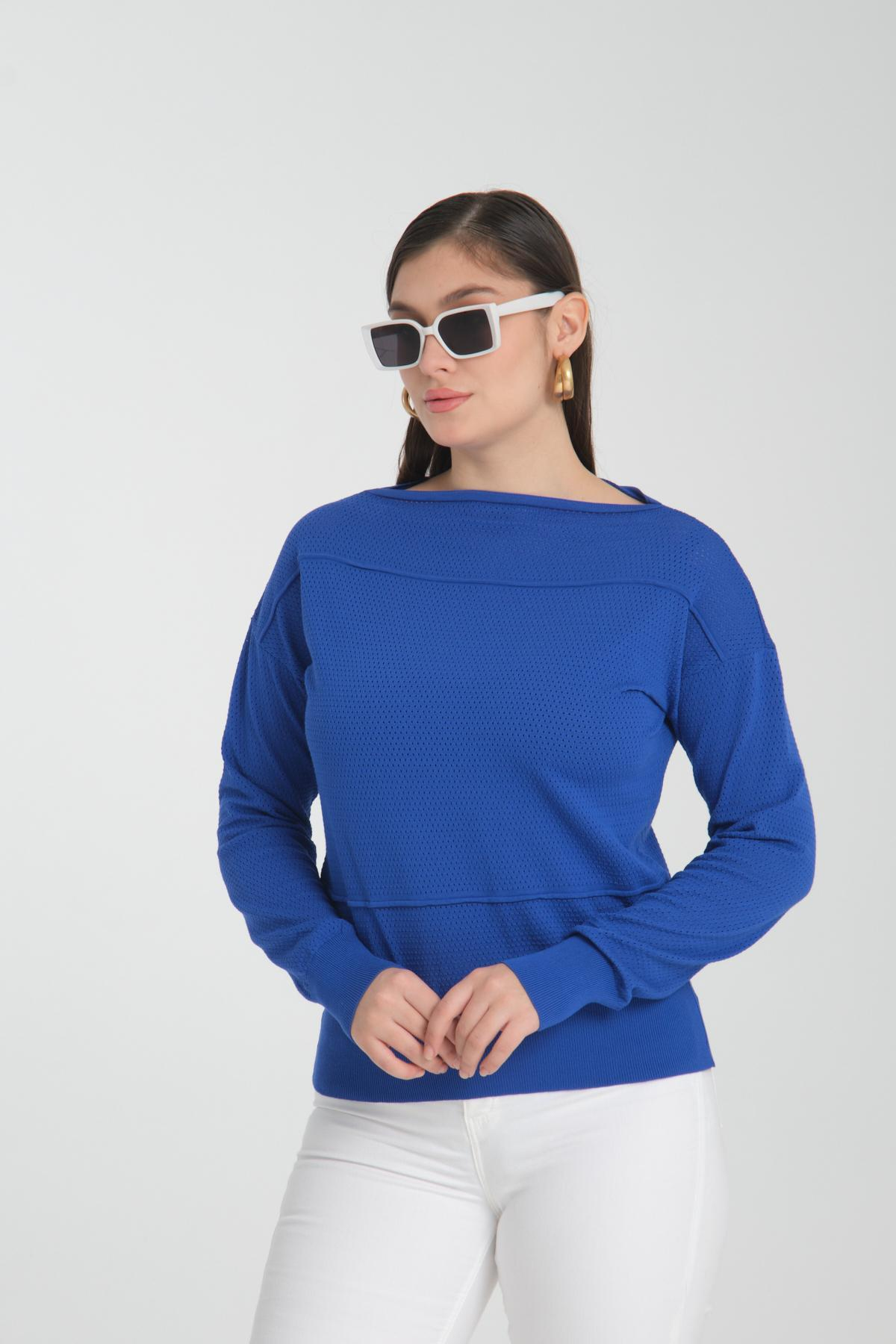 Wholesale Women Sax Blue Openwork Boat Neck Knit Blouse 722666