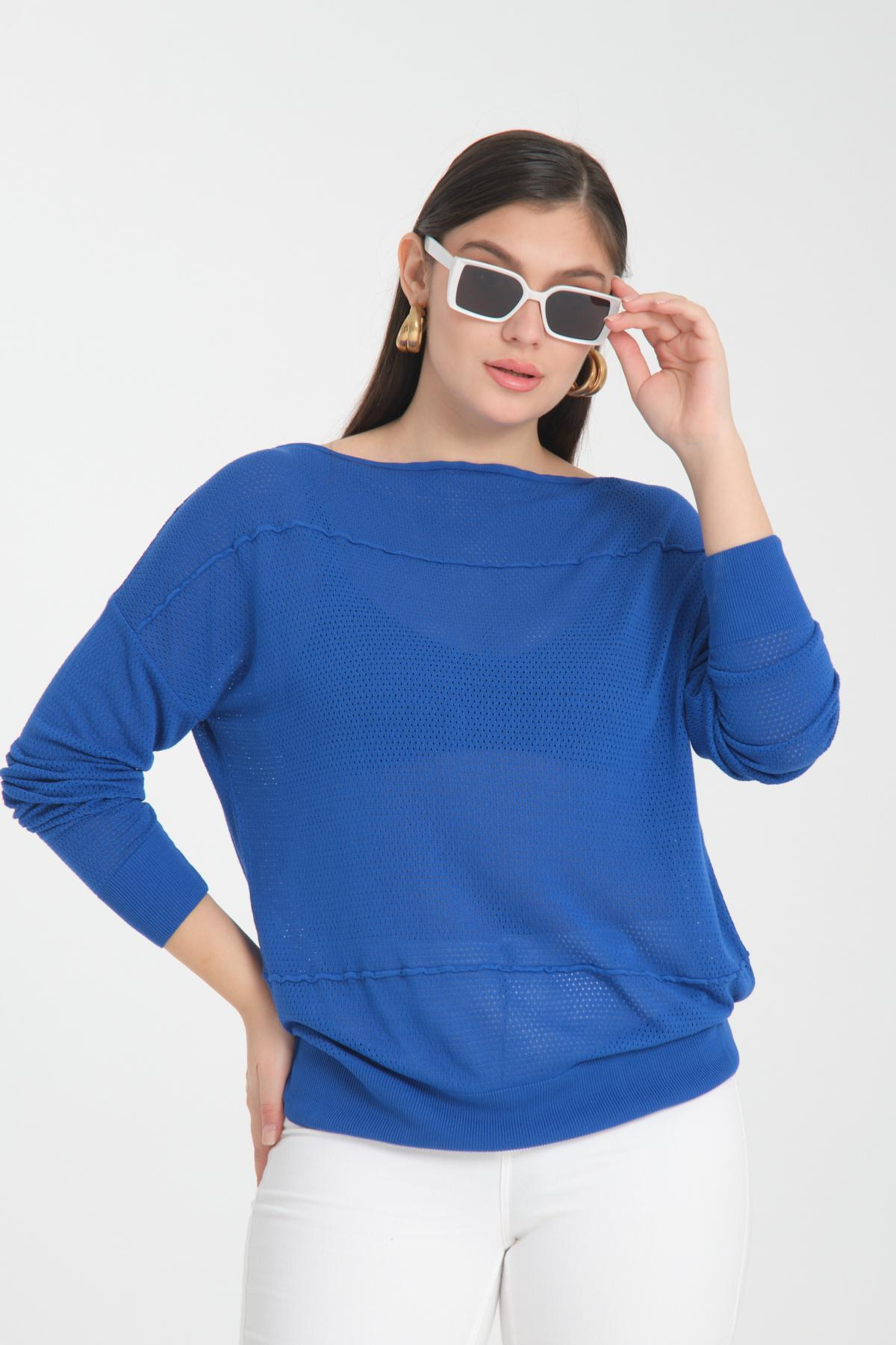 Wholesale Women Sax Blue Openwork Boat Neck Knit Blouse 722633