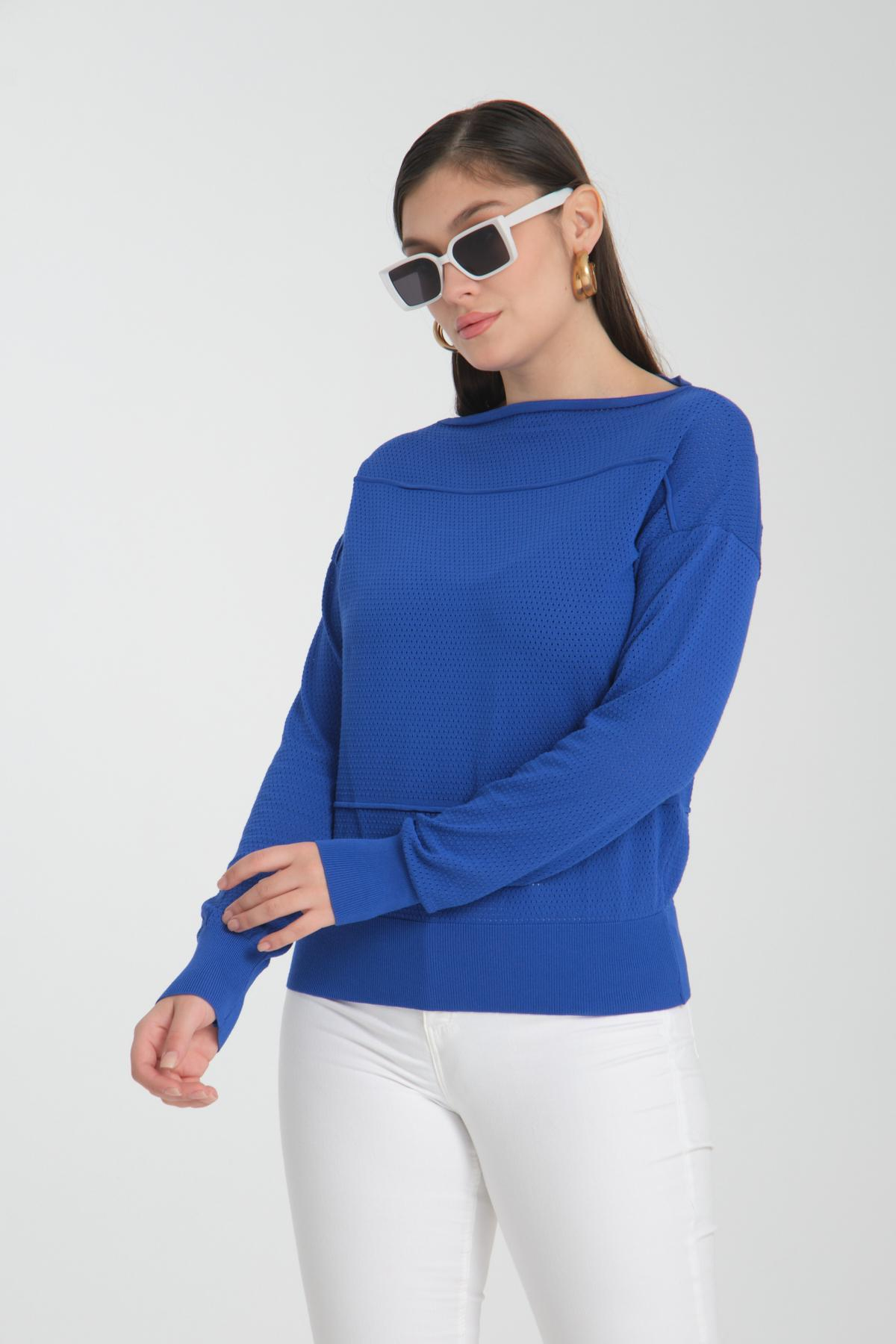 Wholesale Women Sax Blue Openwork Boat Neck Knit Blouse 722666