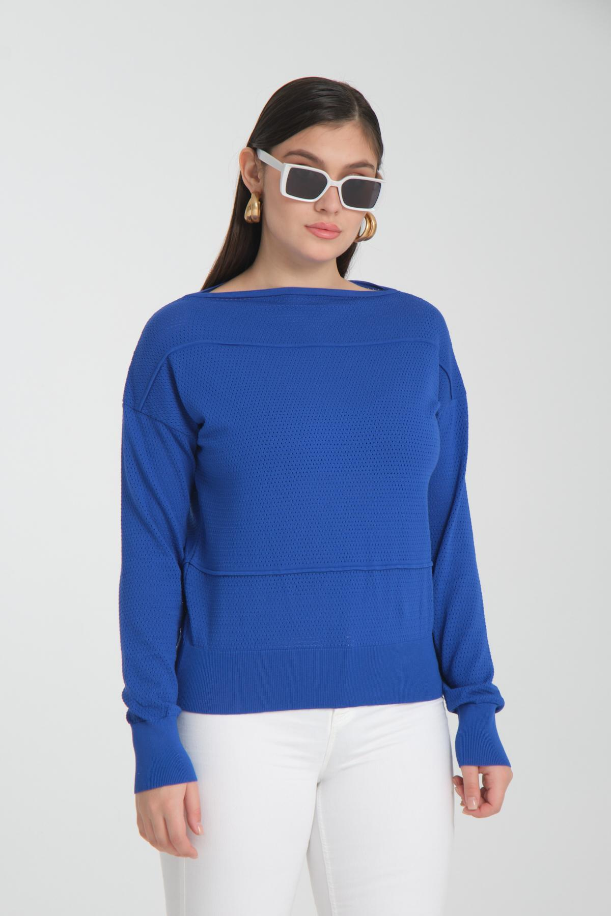 Wholesale Women Sax Blue Openwork Boat Neck Knit Blouse 722666