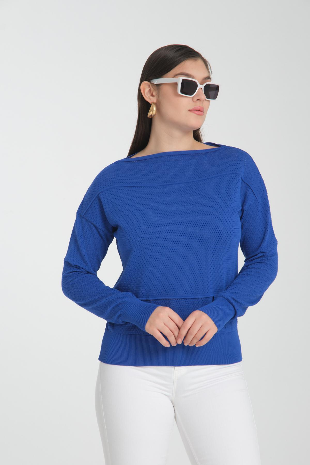 Wholesale Women Sax Blue Openwork Boat Neck Knit Blouse 722666