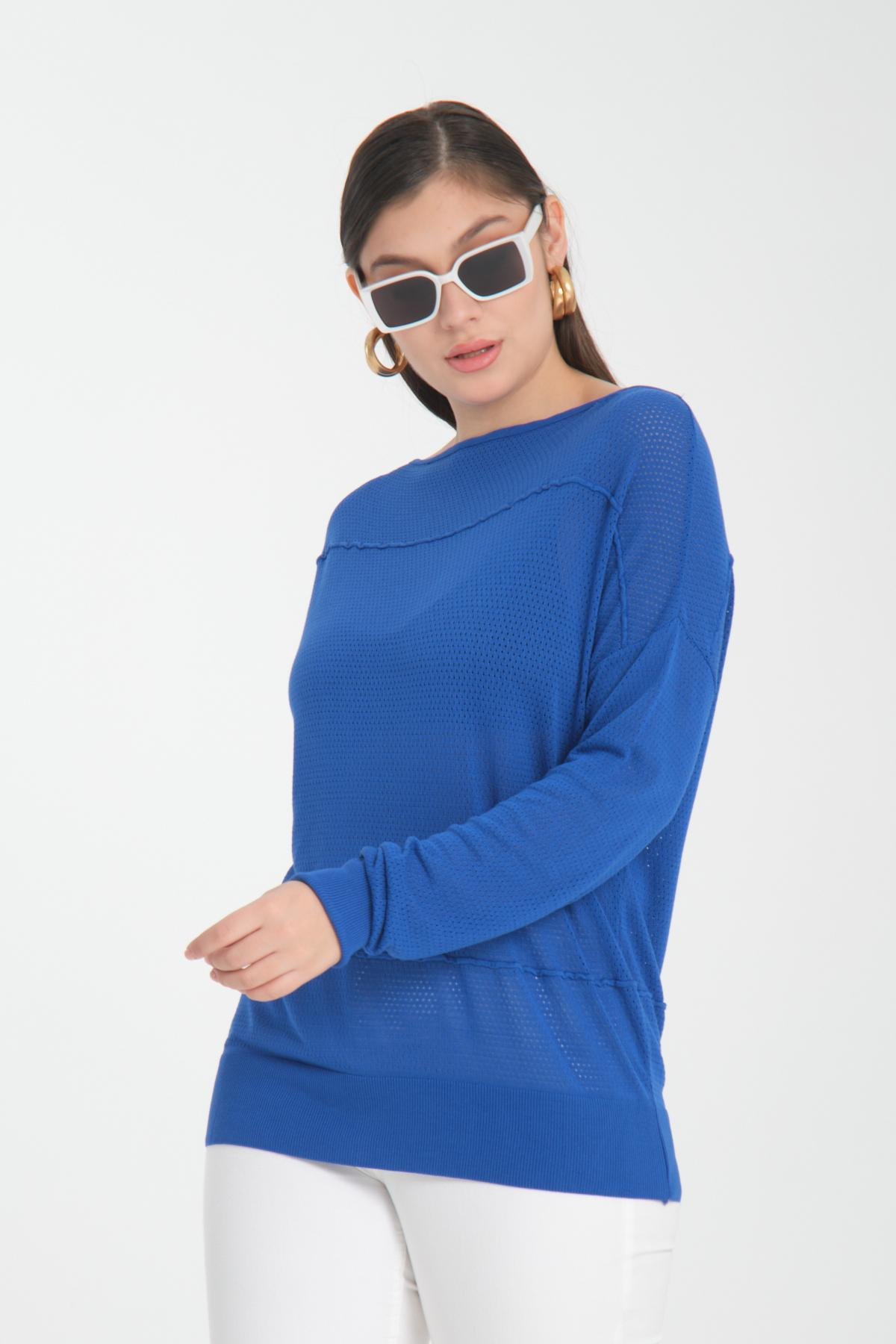 Wholesale Women Sax Blue Openwork Boat Neck Knit Blouse 722633