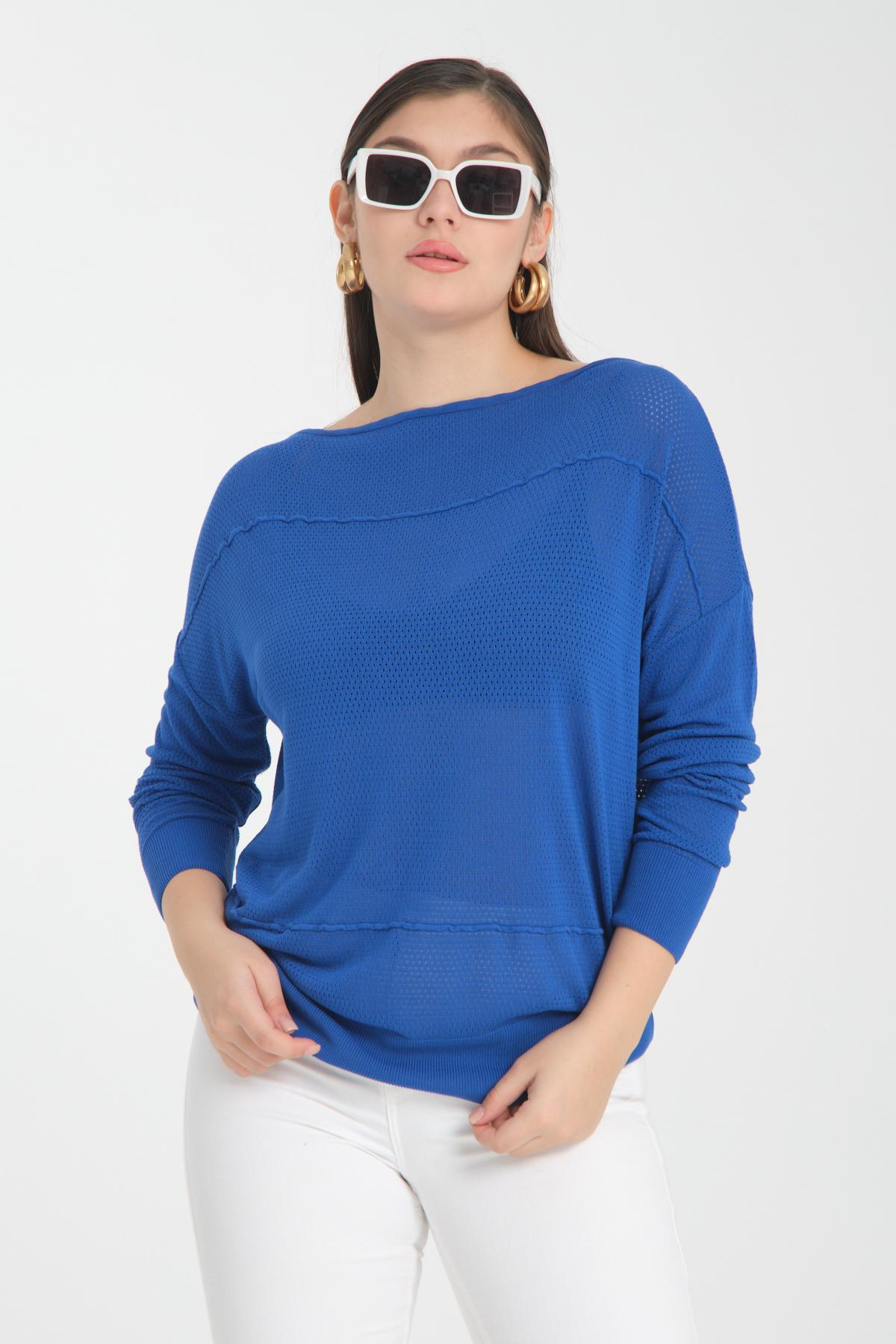 Wholesale Women Sax Blue Openwork Boat Neck Knit Blouse 722633