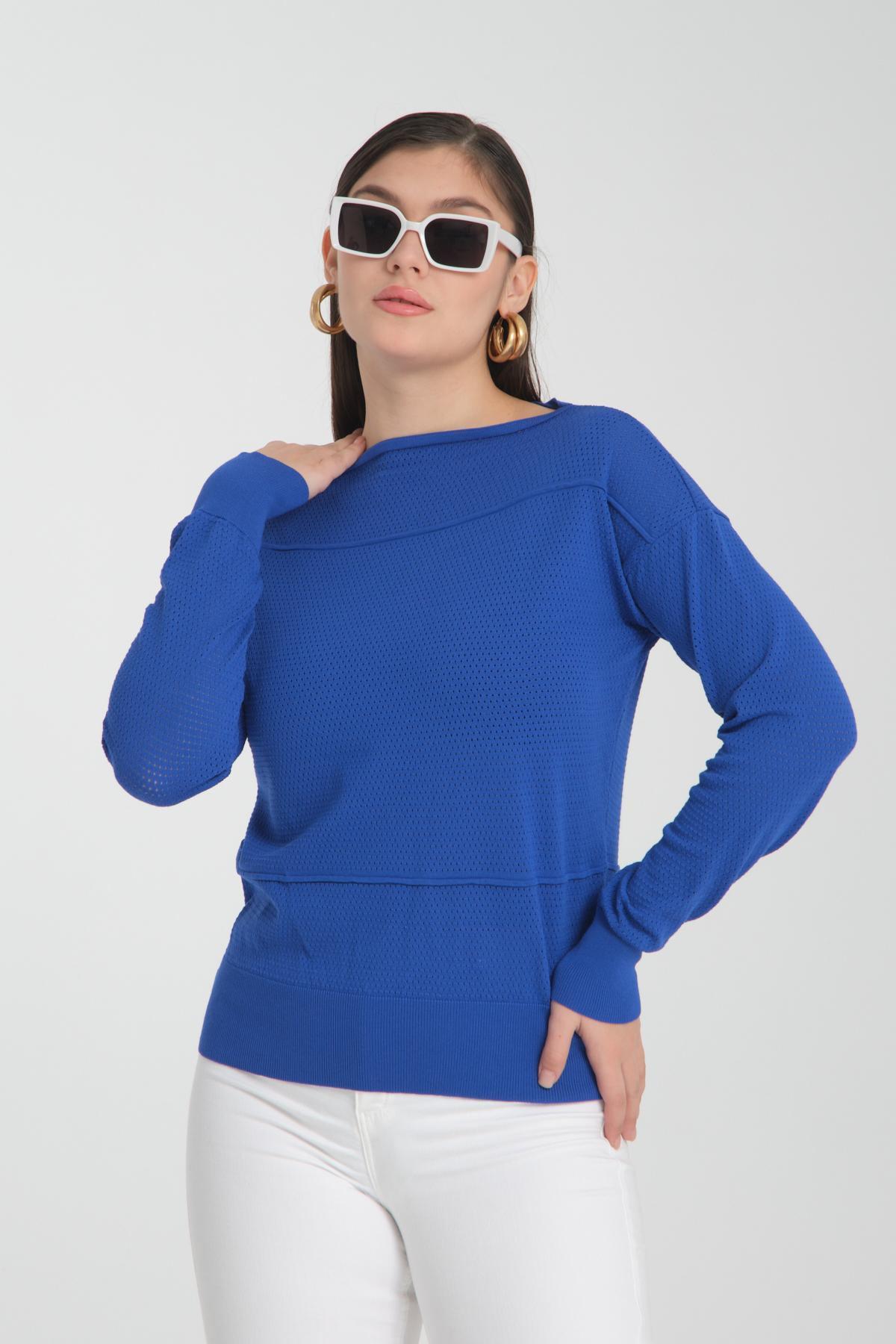 Wholesale Women Sax Blue Openwork Boat Neck Knit Blouse 722666