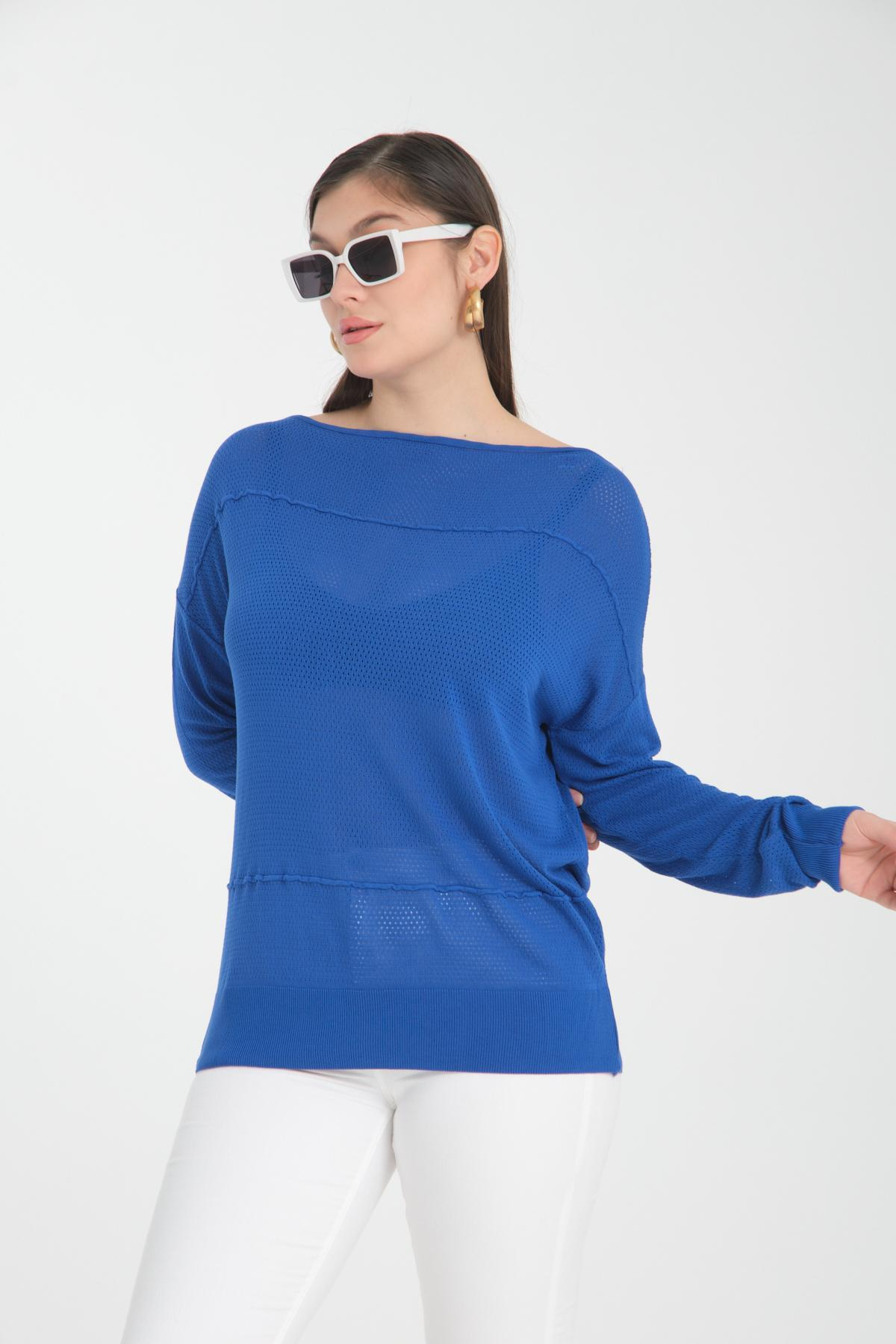 Wholesale Women Sax Blue Openwork Boat Neck Knit Blouse 722633