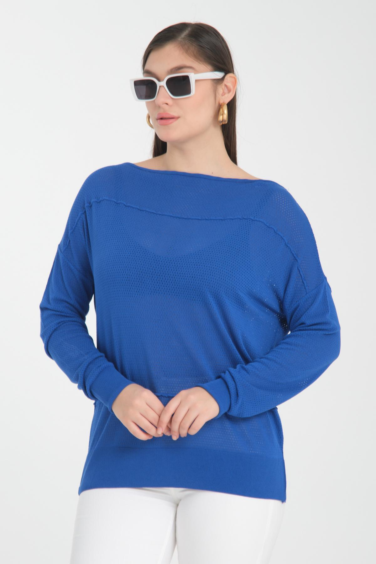 Wholesale Women Sax Blue Openwork Boat Neck Knit Blouse 722633