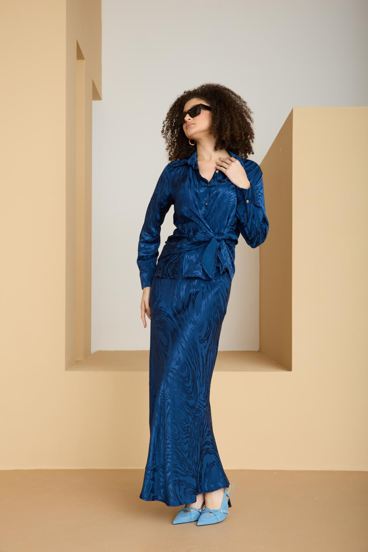 Wholesale Women Sax Blue Satin Jacquard Suit - Shirt with Gathered Front and Flared Skirt Set 729176