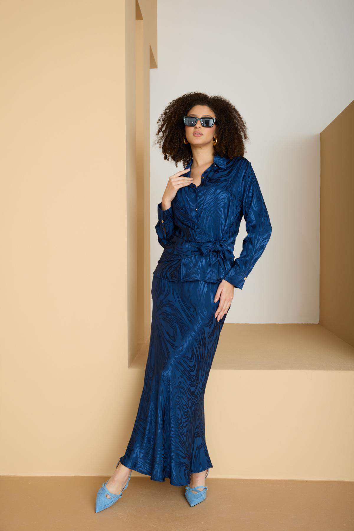 Wholesale Women Sax Blue Satin Jacquard Suit - Shirt with Gathered Front and Flared Skirt Set 729176