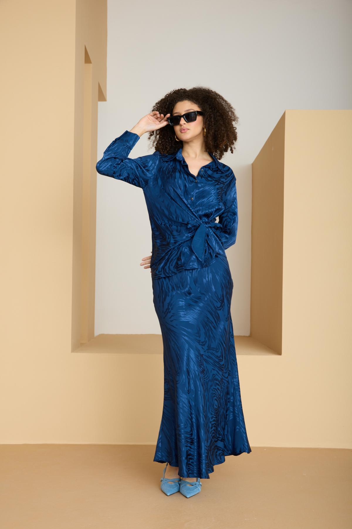 Wholesale Women Sax Blue Satin Jacquard Suit - Shirt with Gathered Front and Flared Skirt Set 729176