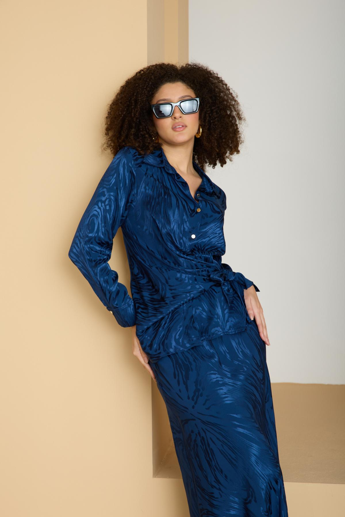 Wholesale Women Sax Blue Satin Jacquard Suit - Shirt with Gathered Front and Flared Skirt Set 729176